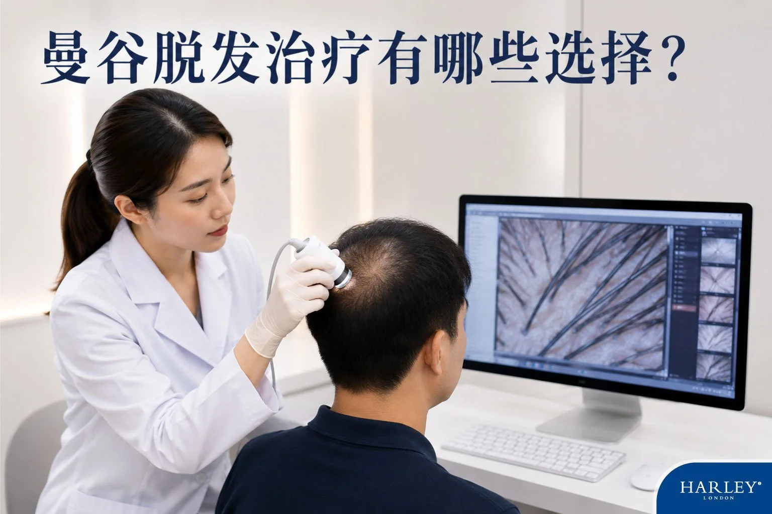 毛发学专家（Trichologist）正在为脱发客户进行专业毛发与头皮分析，透过 Trichoscopy（毛发与头皮检测）观察毛囊健康、头皮环境及头发稀疏情况，协助了解适合个人的毛发与头皮护理方向。