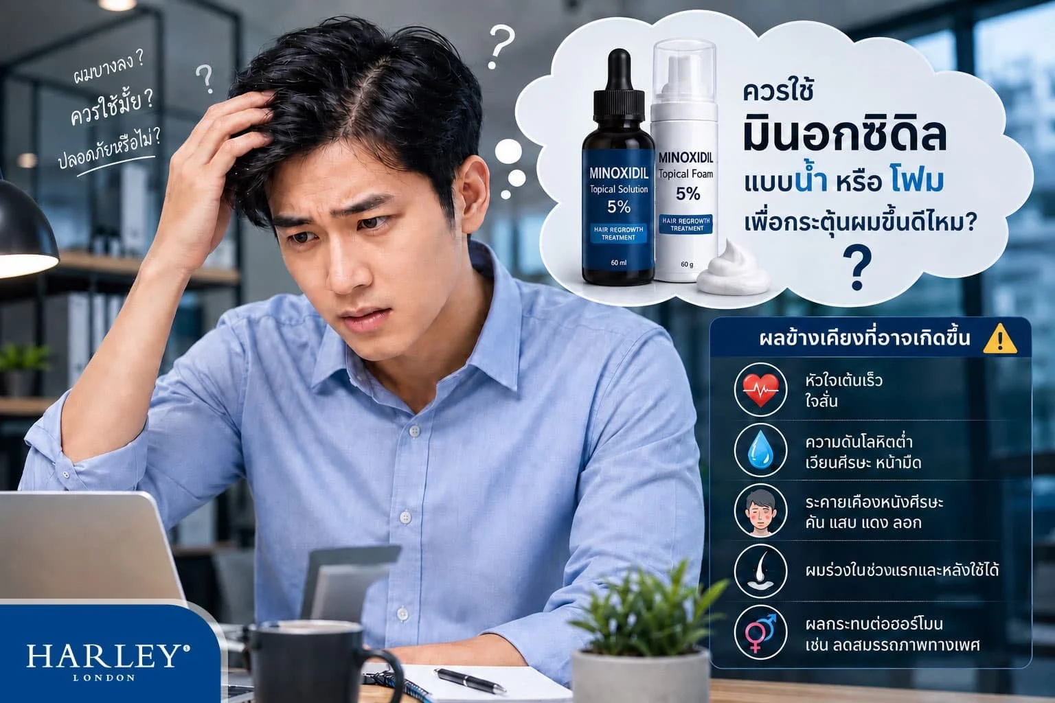 ผู้ชายทำงานออฟฟิศกำลังเปรียบเทียบผลข้างเคียง Minoxidil แบบน้ำและโฟม สำหรับผู้มีหนังศีรษะแพ้ง่าย