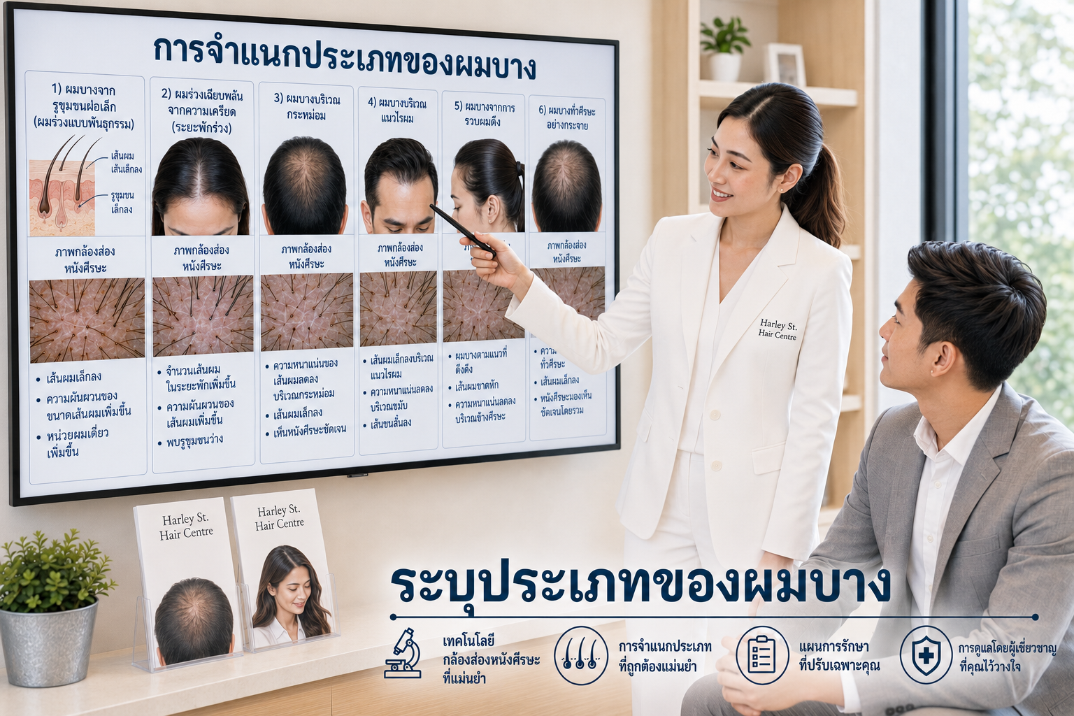 นักธุรกิจชายมาเช็คและปรึกษาประเภทผมบางกับผู้เชี่ยวชาญด้านเส้นผมและหนังศีรษะ มีการเปรียบเทียบประเภทผมบางโดยอธิบายระหว่างความหนาแน่นของเส้นผมปกติ กับเส้นผมที่มีขนาดเล็กลงและการหดขนาดเล็กลงของรูขุมขนบนหนังศีรษะ