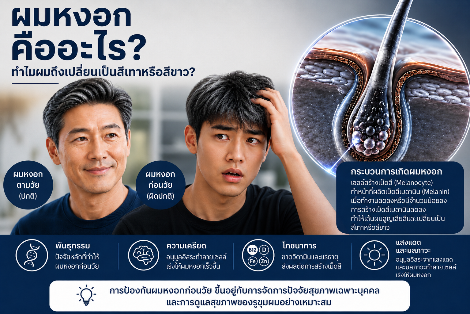 ความจริงทางวิทยาศาสตร์เกี่ยวกับผมหงอก: ประเภท ช่วงวัย และการดูแลรากผมตามหลักชีววิทยา
