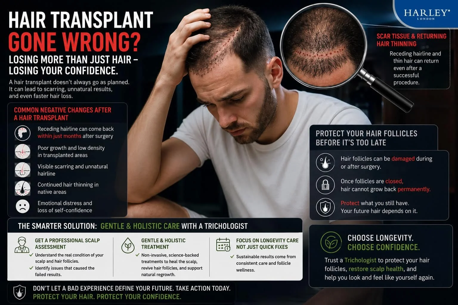 A young man expressed concerns about side effects and hair recovery after a post hair transplant procedure, and worried about micro-scarring caused by the instruments used to extract hair follicle cells.