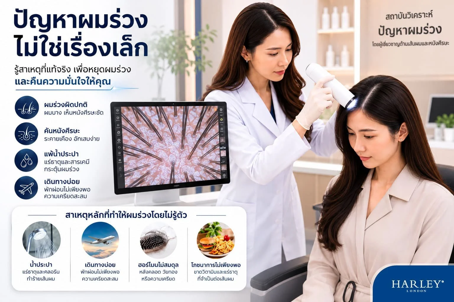 ผู้เชี่ยวชาญด้านเส้นผมและหนังศีรษะใช้กล้องจุลทรรศน์ตรวจเช็กการอักเสบของรูขุมขนบนหนังศีรษะของผู้หญิงที่ต้องเดินทางไปหลายประเทศและเจอปัญหาผมร่วงที่คาดไม่ถึง 