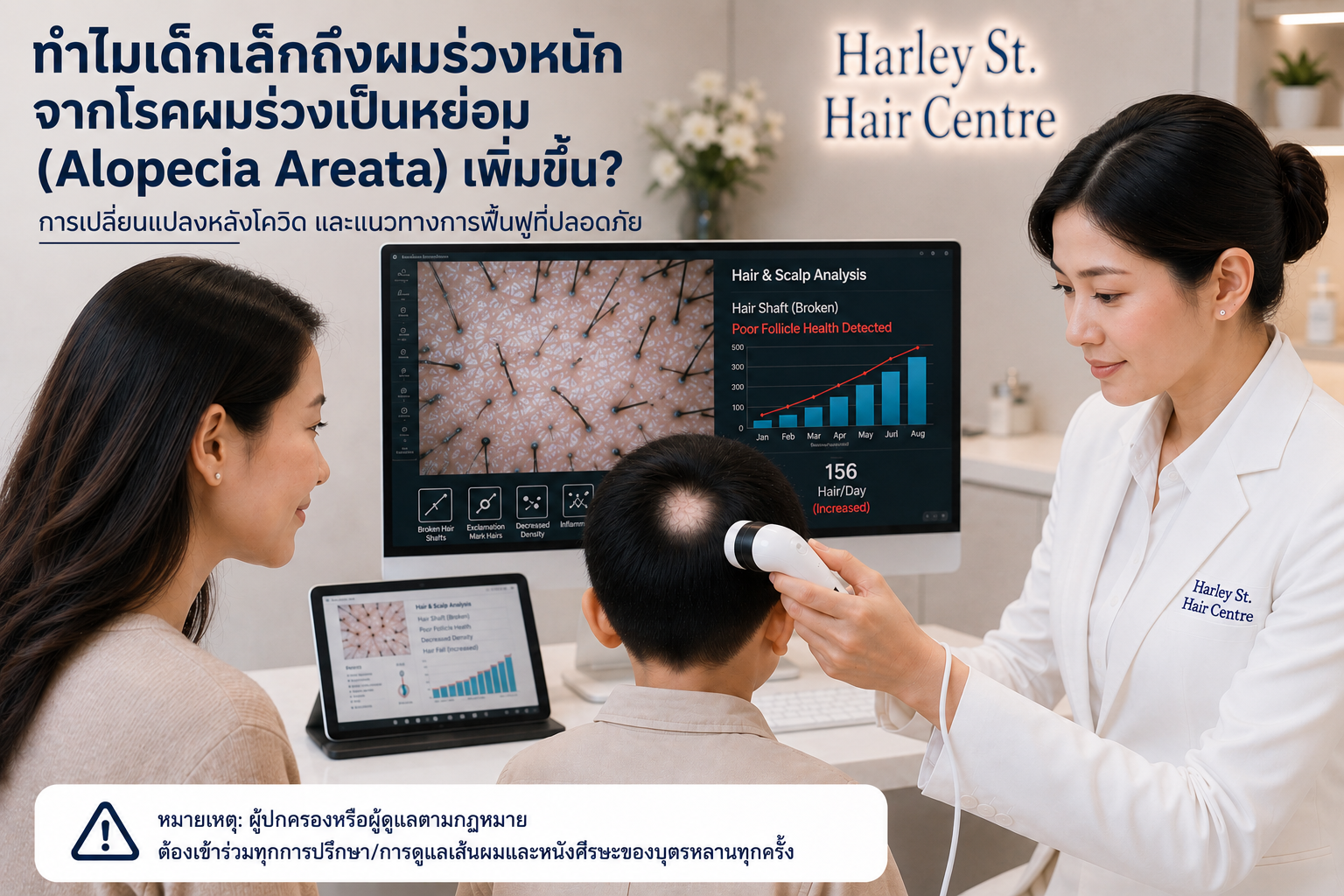 ผู้เชี่ยวชาญด้านเส้นผมและหนังศีรษะ Harley St. Hair Centre ใช้เครื่อง Trichoscope ตรวจหนังศีรษะเด็กไทยที่มีโรคผมร่วงเป็นหย่อม (Alopecia Areata) โดยมีผู้ปกครองร่วมดูแล พร้อมจอวิเคราะห์สุขภาพโพรงเส้นผมและแนวโน้มผมร่วงในศูนย์ดูแลเส้นผมระดับพรีเมียม
