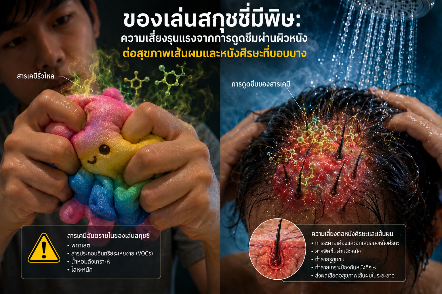 ภาพกราฟิกเชิงแนวคิดทางการแพทย์แสดงการเคลื่อนย้ายของสารเคมีตกค้างที่เป็นพิษจากการบีบของเล่นสกุชชี่ประเภทโพลียูรีเทนไปยังหนังศีรษะของมนุษย์ในระหว่างขั้นตอนการสระผม โดยเน้นย้ำถึงความเสี่ยงของการดูดซึมผ่านผิวหนัง