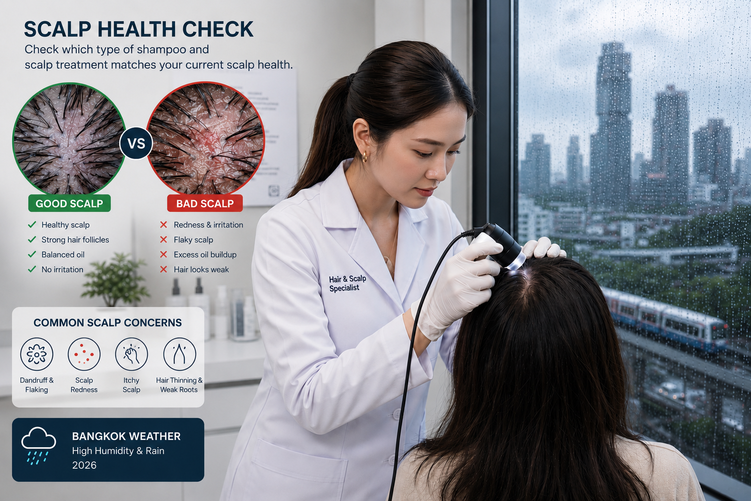 A Hair & Scalp Specialist (trichologist) examining a lady's inflamed scalp under a trichoscope to check for possible scalp concerns during Bangkok’s humid weather.