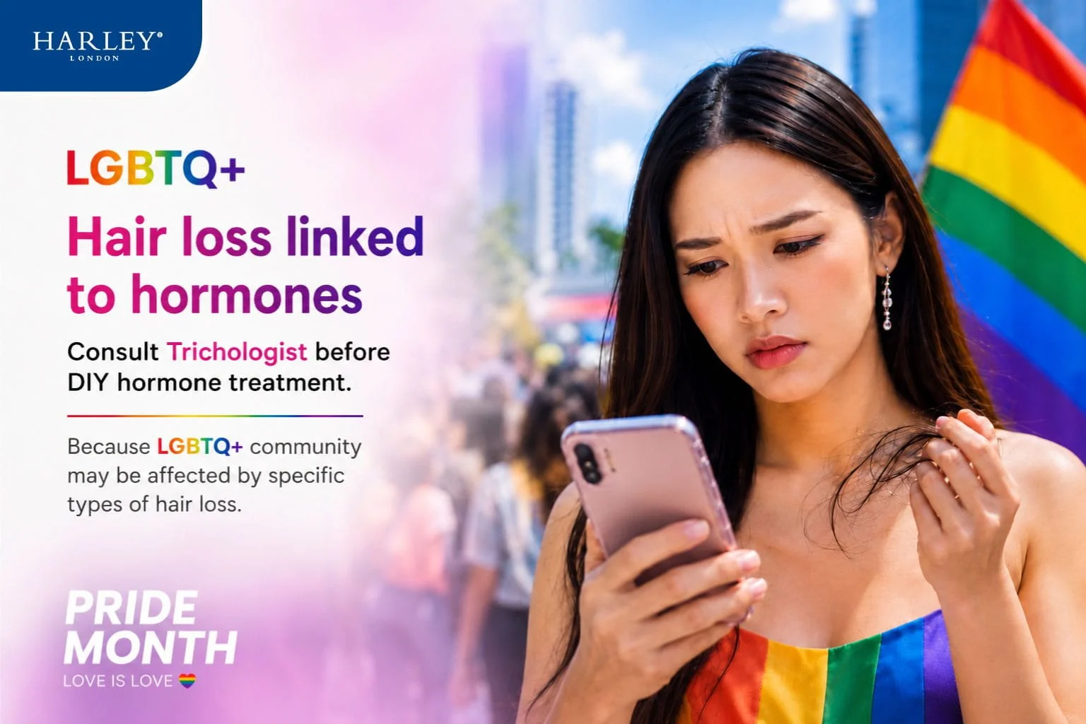 An LGBTQ+ lady in Thailand celebrating Pride Month, navigating information on the mobile phone with a concerned expression regarding hormone-induced hair loss types.