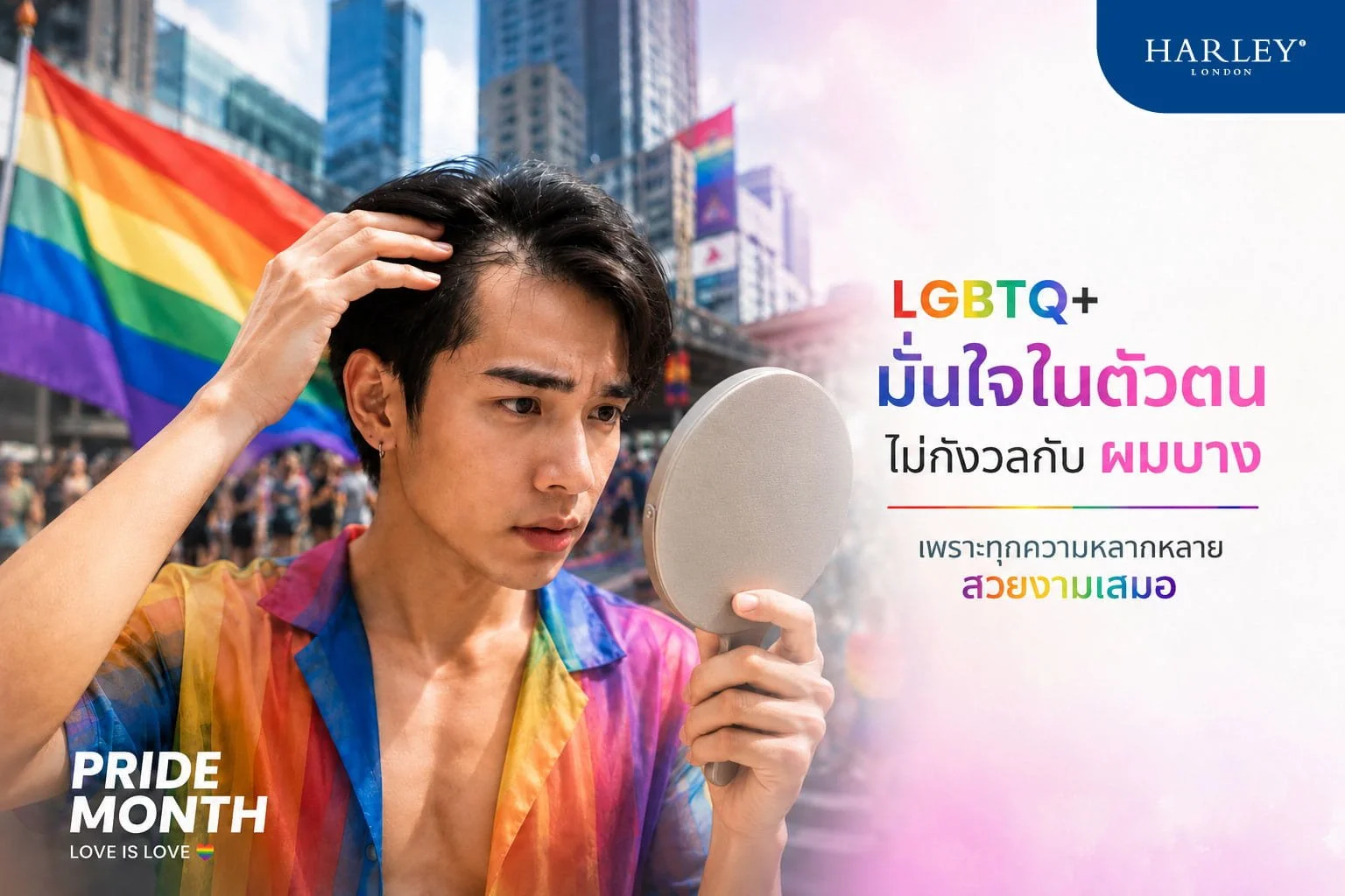 ชายหนุ่ม LGBTQ+ ในประเทศไทยกำลังฉลองเดือน Pride Month และส่องกระจกตรวจเช็กแนวไรผมด้วยความกังวลจากปัญหาผมบางที่เกิดจากการใช้ฮอร์โมน