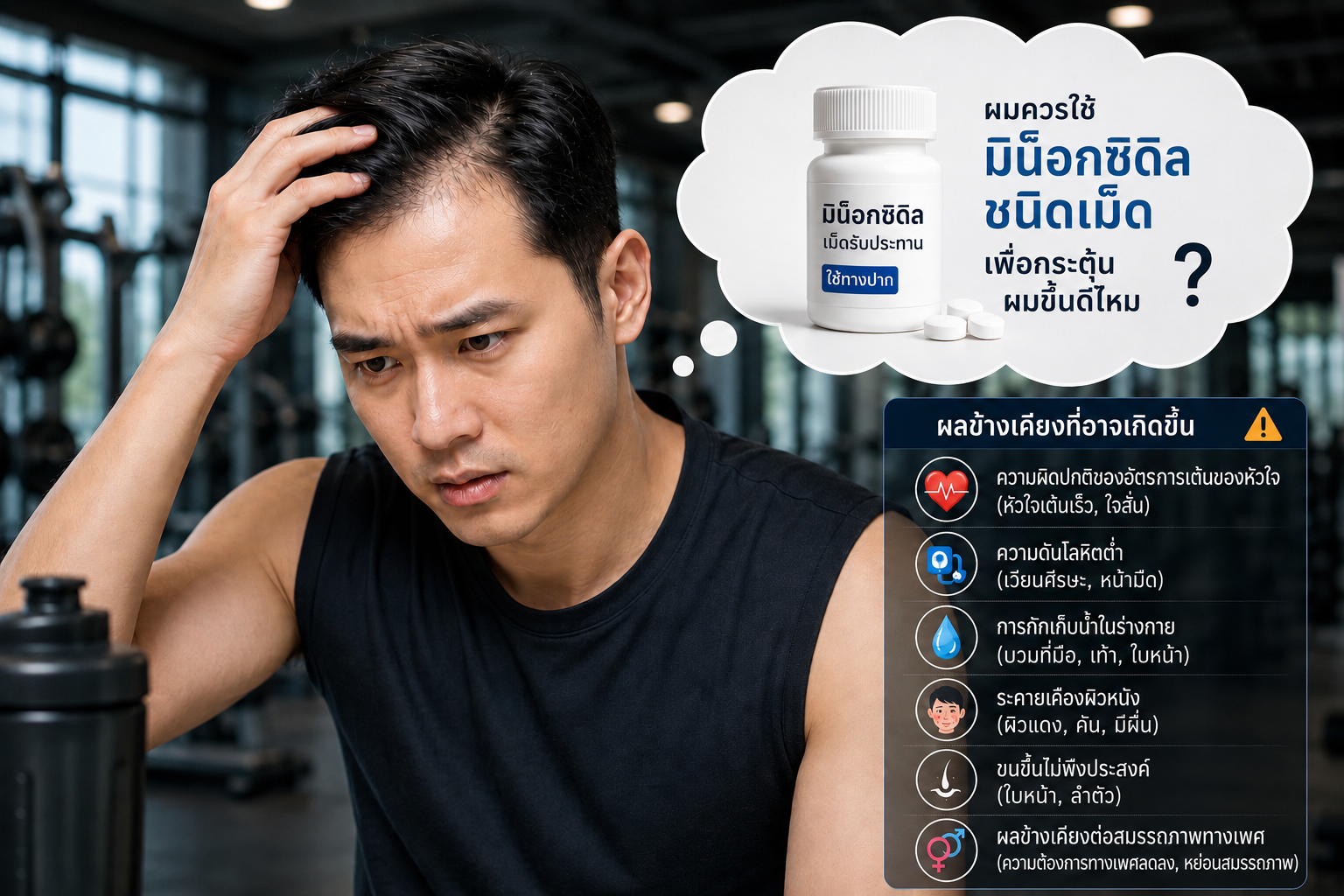 ผู้ชายออกกำลังกายกำลังคิดเรื่องยาปลูกผม Oral Minoxidil ว่าควรกินดีไหมและจะมีผลข้างเคียงอะไรไหมที่ทำให้ผมร่วง ผมบาง สุขภาพแย่ลง