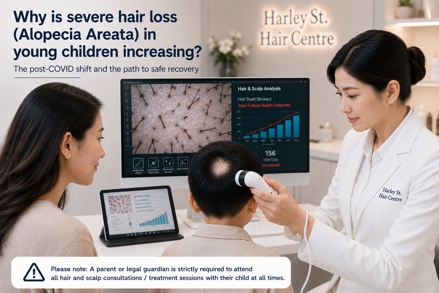 Hair and scalp specialist performs a trichoscope scalp assessment on a young Thai child with Alopecia Areata while the parent is present, with diagnostic screens showing follicle health and increasing hair loss trends in a premium hair care centre.