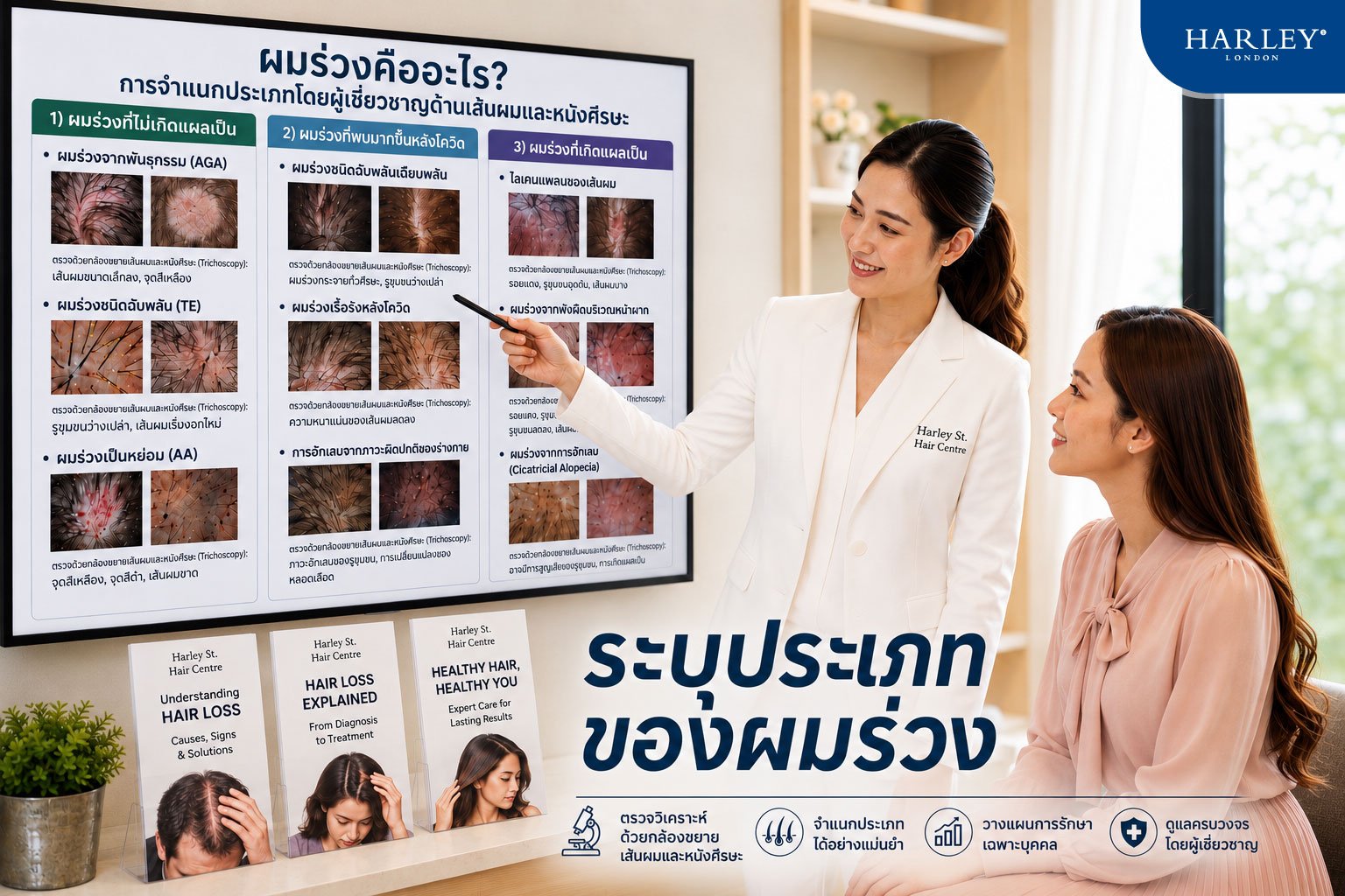 ผู้หญิงมาเช็คและปรึกษาประเภทผมร่วงกับผู้เชี่ยวชาญด้านเส้นผมและหนังศีรษะ มีการเปรียบเทียบประเภทผมร่วงโดยอธิบายระหว่างความหนาแน่นของเส้นผมปกติ กับเส้นผมที่มีขนาดเล็กลงและการอักเสบรอบรูขุมขน