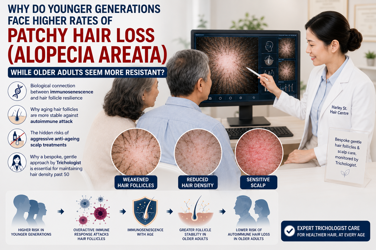 A Female Trichologist explaining Alopecia Areata (patchy hair loss) to older Asian adults using scalp imaging.
