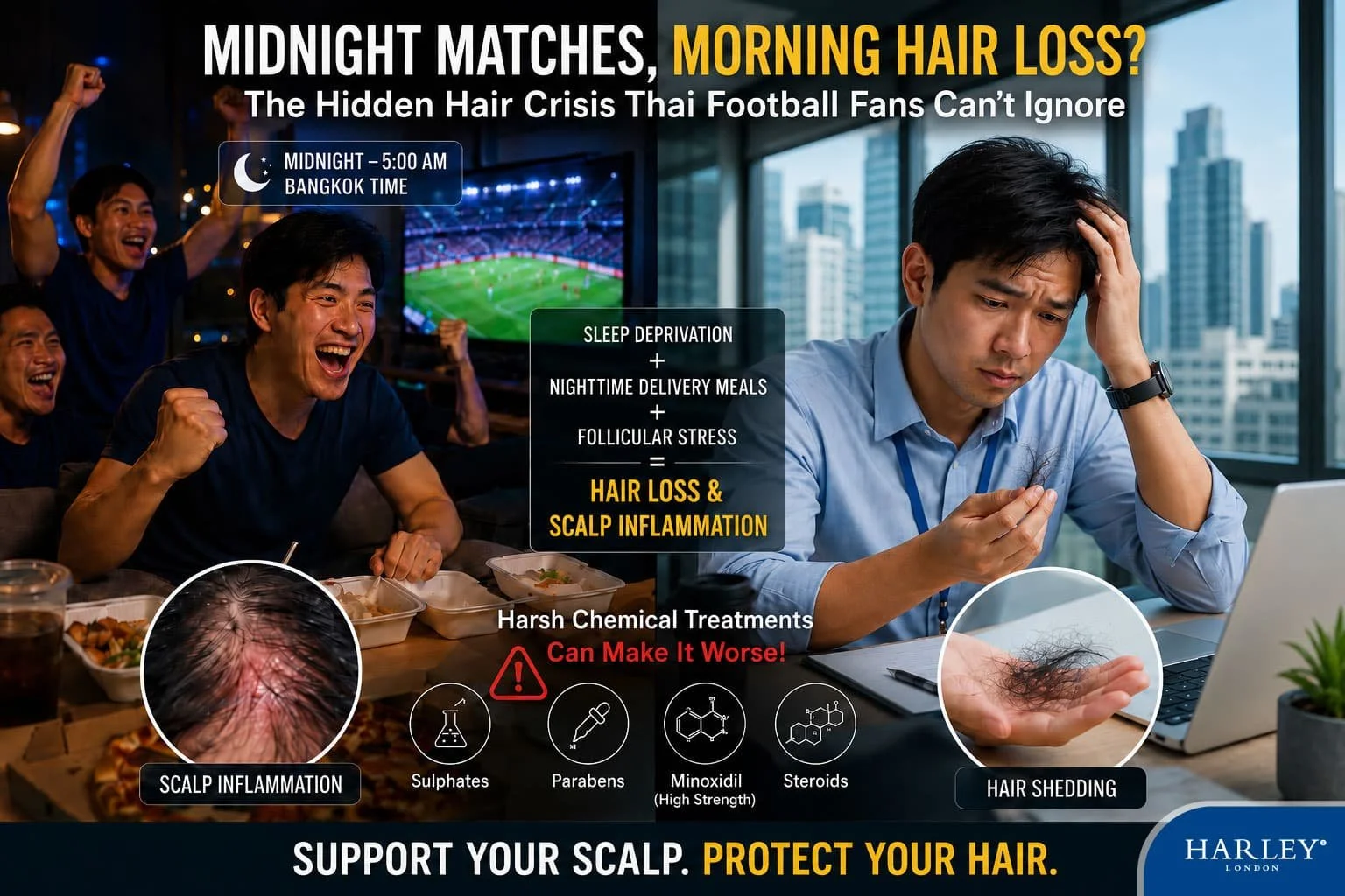 A lifestyle dilemma: contrasting a midnight world cup football match routine vS. morning work routine of an office man with an inflamed scalp and hair loss.