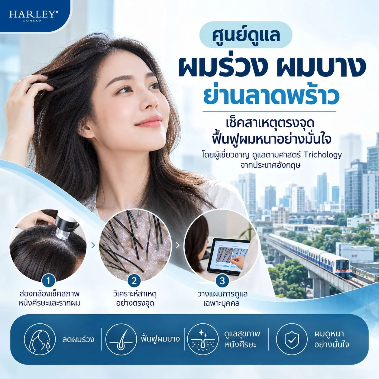 ศูนย์ดูแลผมร่วง ผมบาง ย่านลาดพร้าว Harley St. Hair Centre ปากซอยลาดพร้าว 15 เช็คและประเมินรากผมด้วยส่องกล้องขยาย