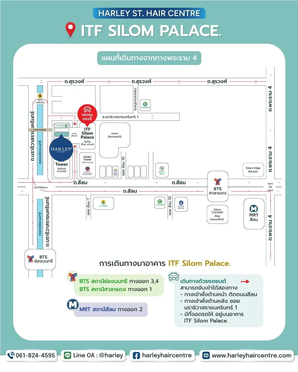 แผนที่การเดินทางไป Harley St. Hair Centre สาขาสีลม ตึก ITF Silom Palace ใกล้ BTS ช่องนนทรี พร้อมจุดสังเกตประตูไม้และกำแพงอิฐแดง