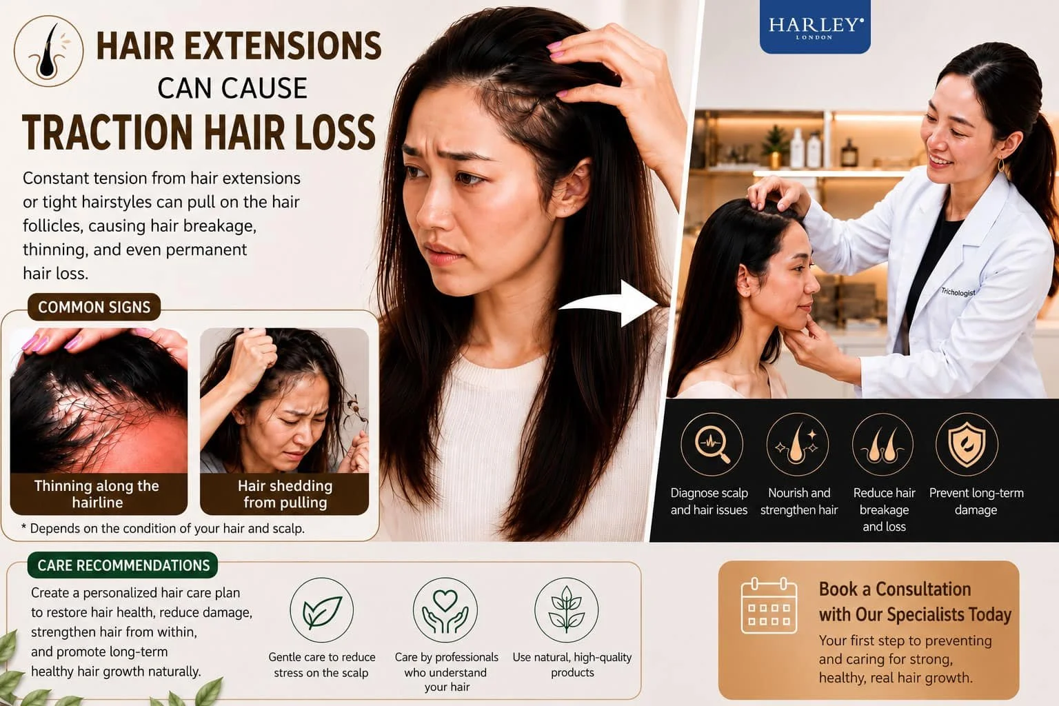 an Asian woman suffering from traction alopecia from hair extensions, showing symptoms of thinning hair, hair shedding, and miniaturised hair follicles.