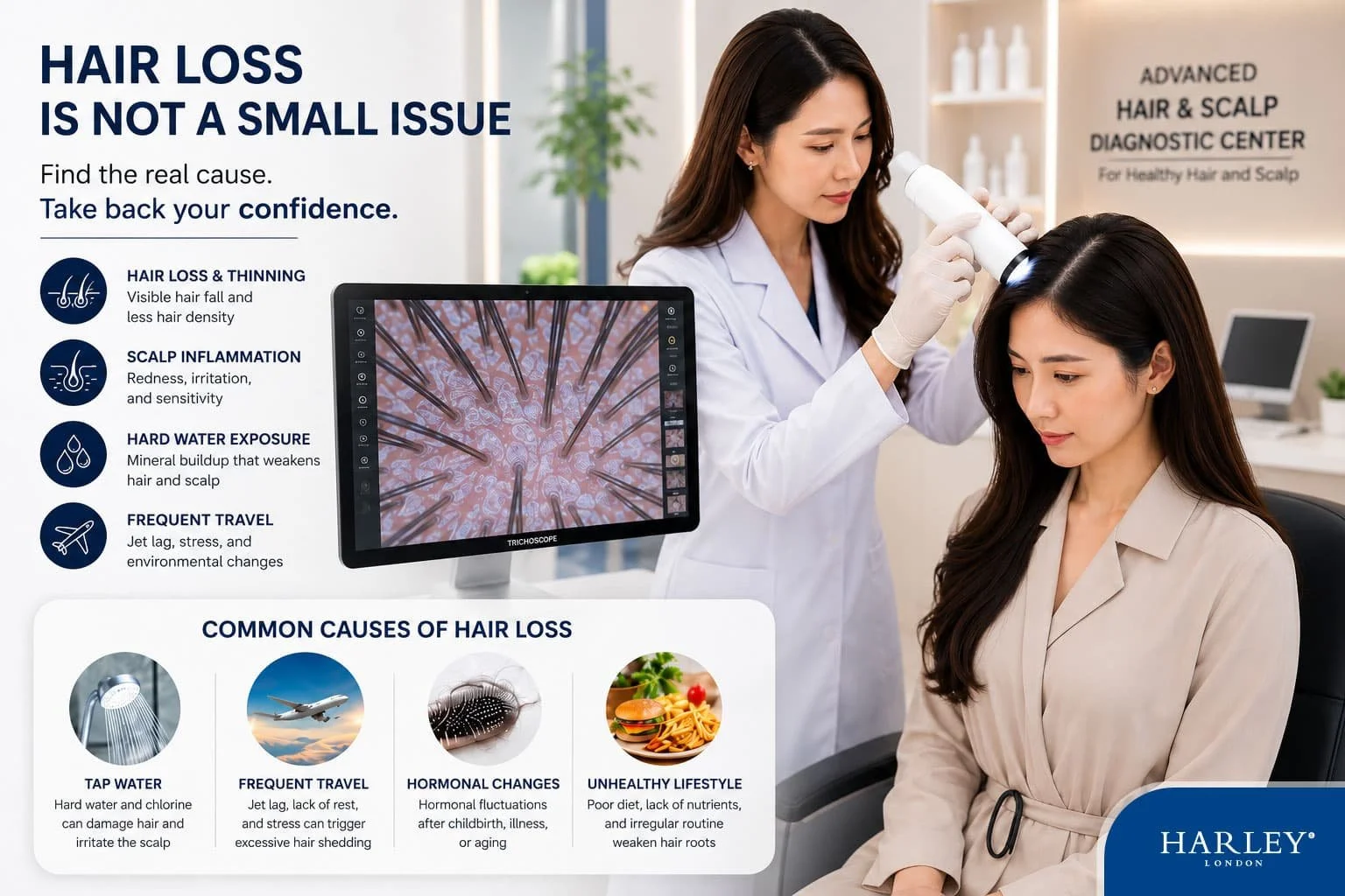 A Trichologist utilising a digital trichoscope to examine cause of hair loss linked to scalp inflammation and follicle blockage caused by hard water.