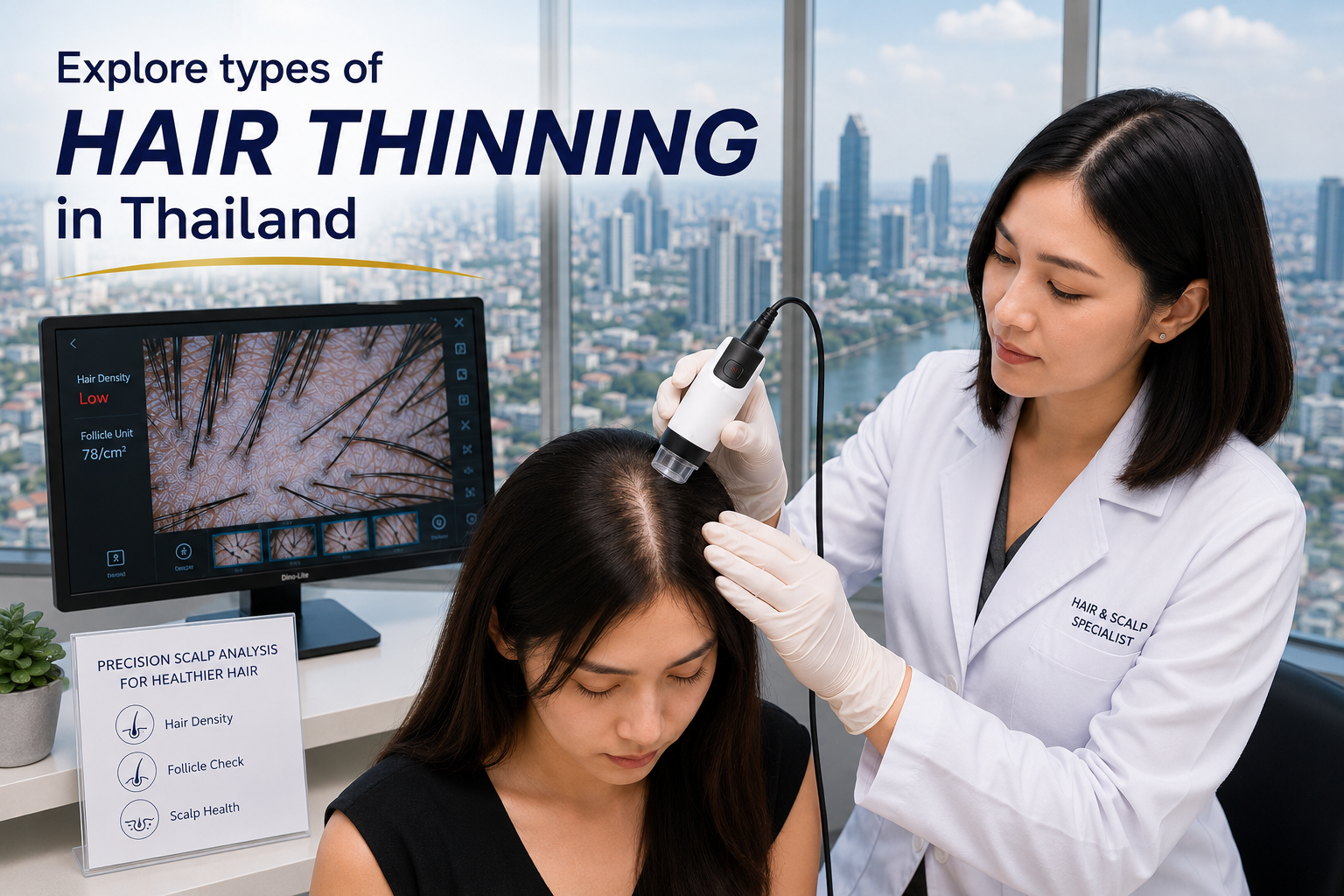 A Trichologist in Bangkok evaluating a young woman's thinning hair density and follicle spacing using precision scalp analysis..