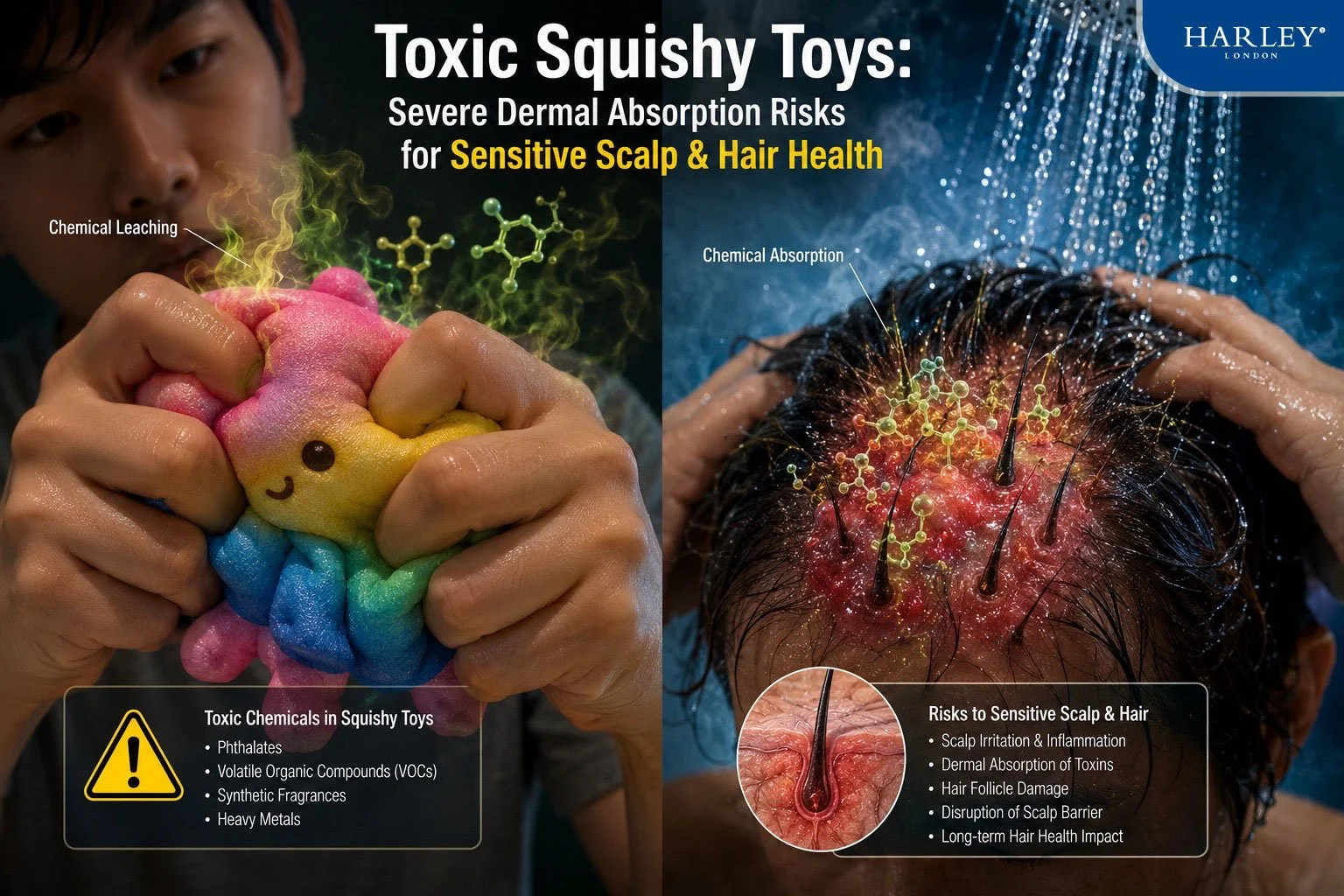 Conceptual medical graphic showing the transfer of toxic chemical residues from squeezing a polyurethane squishy toy to a human scalp during a hair washing routine, highlighting dermal absorption risks.