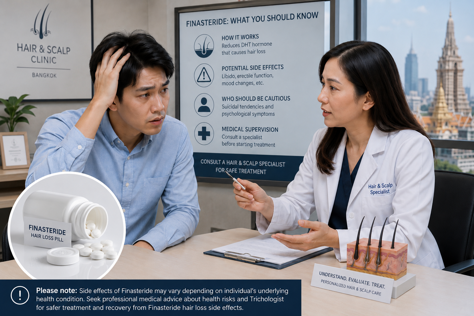 A man discussing medical safety concerns regarding 'Finasteride' hair loss pills with a Hair and Scalp Specialist during a private consultation.