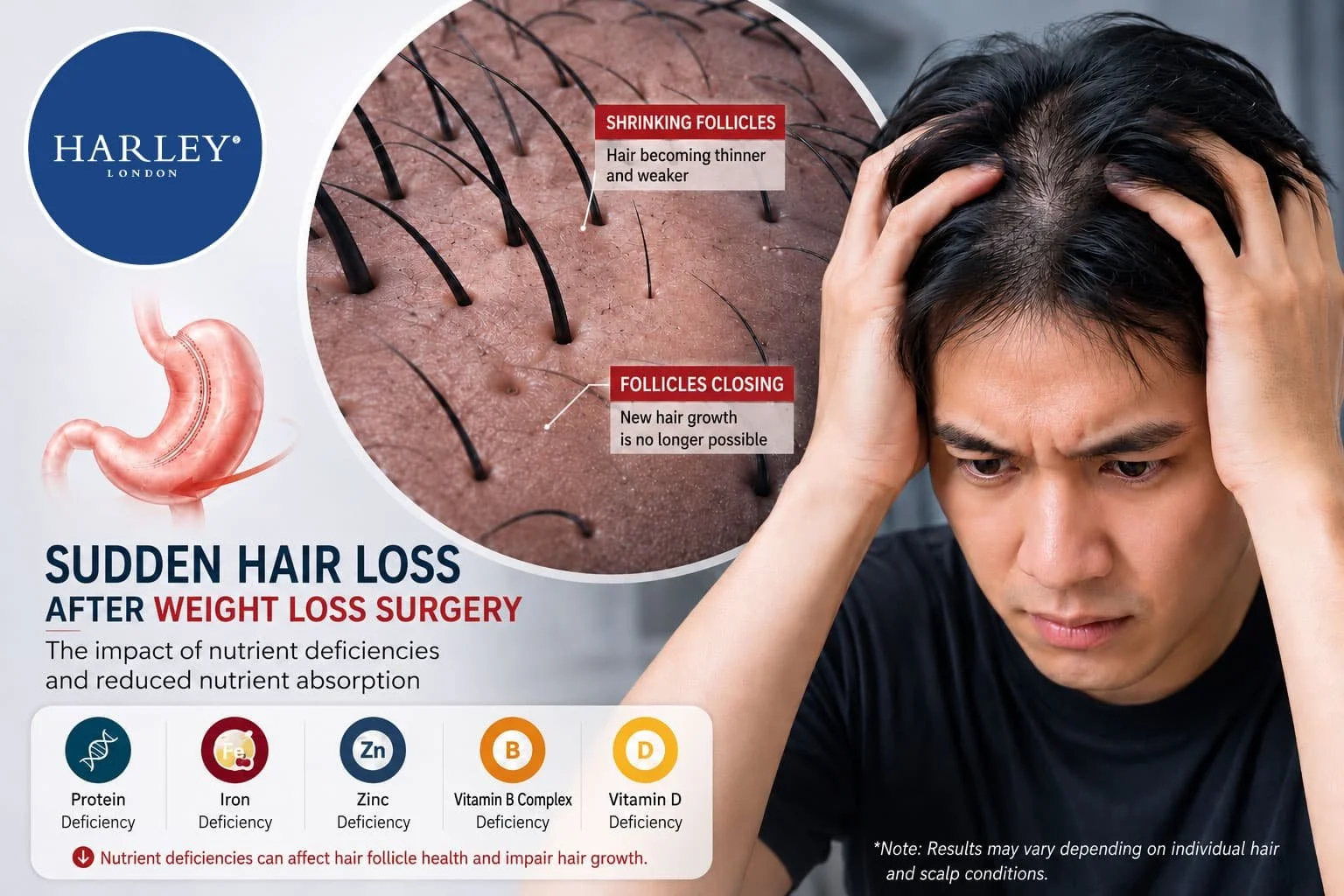 A close-up of thinning hair on a young man's scalp, illustrating bariatric surgery-induced telogen effluvium and nutritional hair loss.