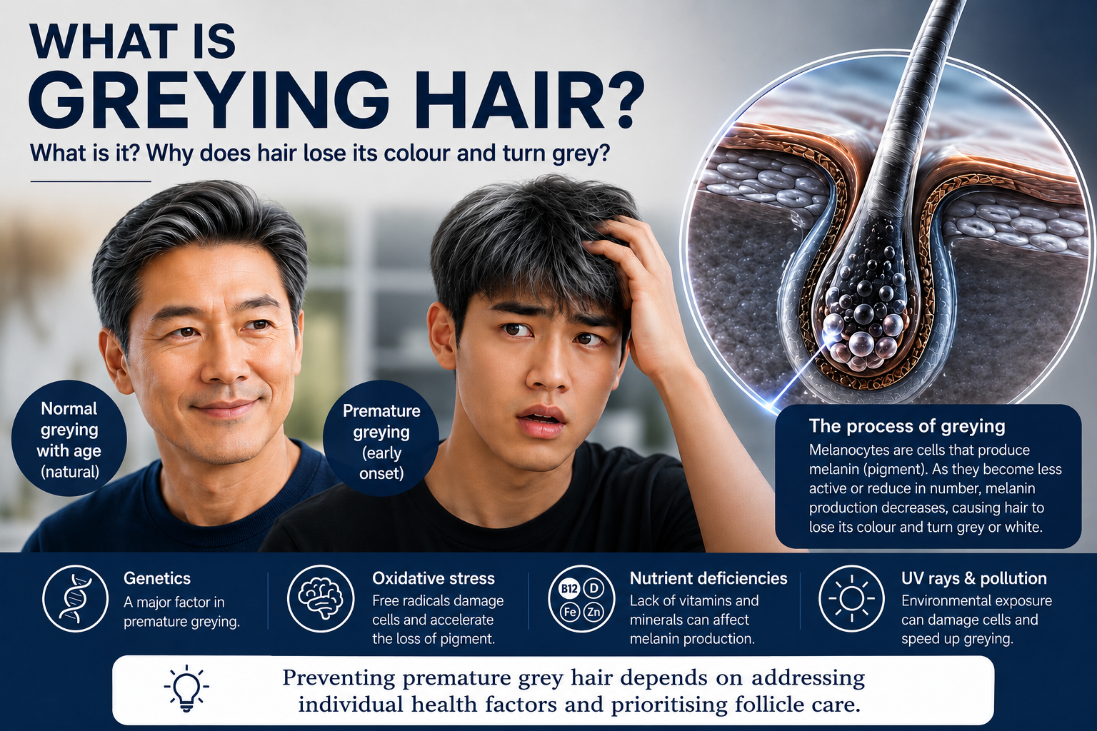 How do middle-aged men with age-related greying hair differ from teenage boys with premature greying hair? What are the factors that cause grey hair?