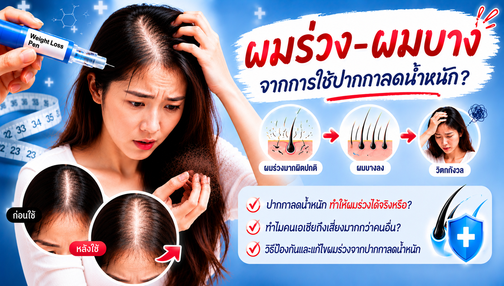 ผู้หญิงกังวลปัญหาผมร่วง-ผมบางจากการใช้ปากกาลดน้ำหนัก