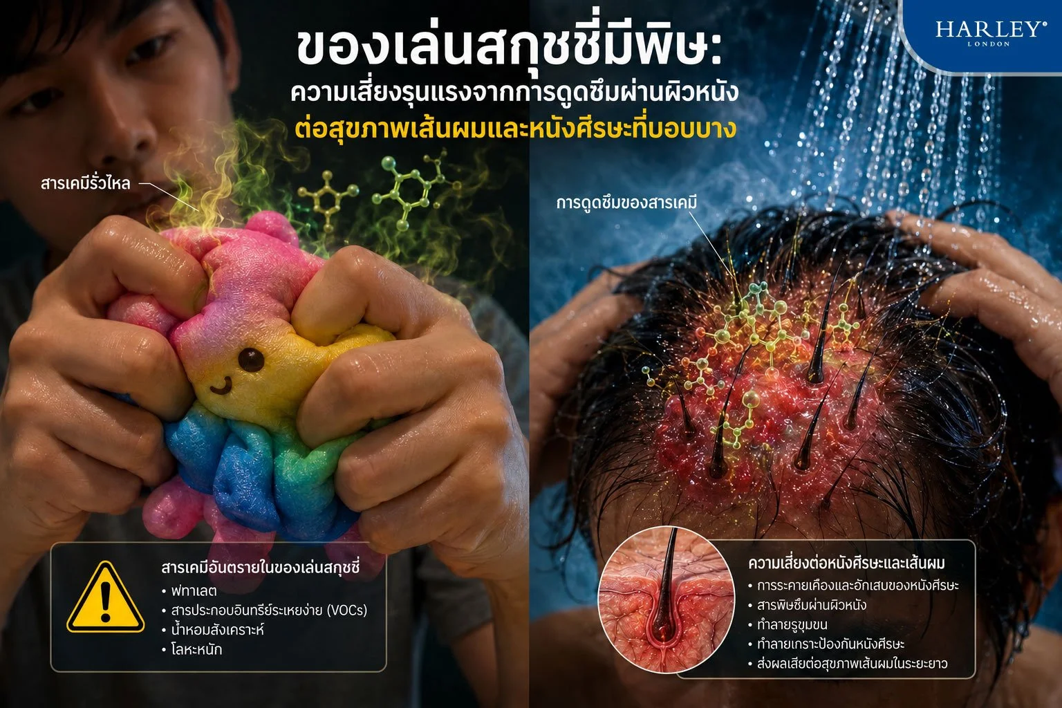 ภาพกราฟิกเชิงแนวคิดทางการแพทย์แสดงการเคลื่อนย้ายของสารเคมีตกค้างที่เป็นพิษจากการบีบของเล่นสกุชชี่ประเภทโพลียูรีเทนไปยังหนังศีรษะของมนุษย์ในระหว่างขั้นตอนการสระผม โดยเน้นย้ำถึงความเสี่ยงของการดูดซึมผ่านผิวหนัง