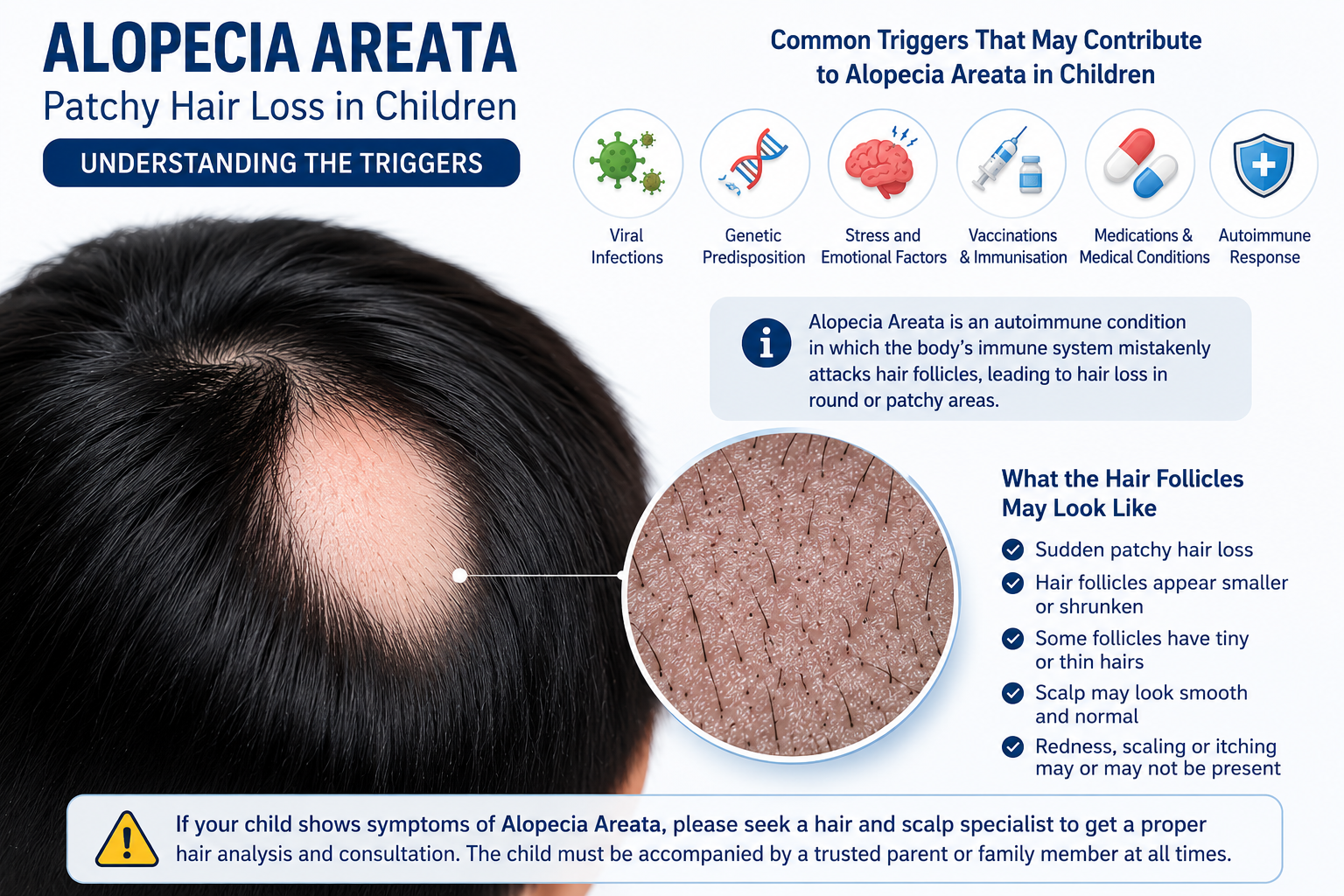 A close-up of Alopecia Areata (Patchy Hair Loss) symptoms on a child's scalp.