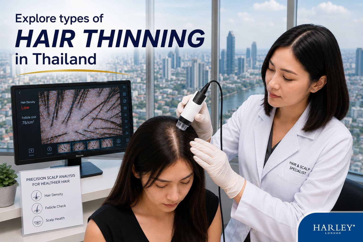 A Trichologist in Bangkok evaluating a young woman's thinning hair density and follicle spacing using precision scalp analysis..