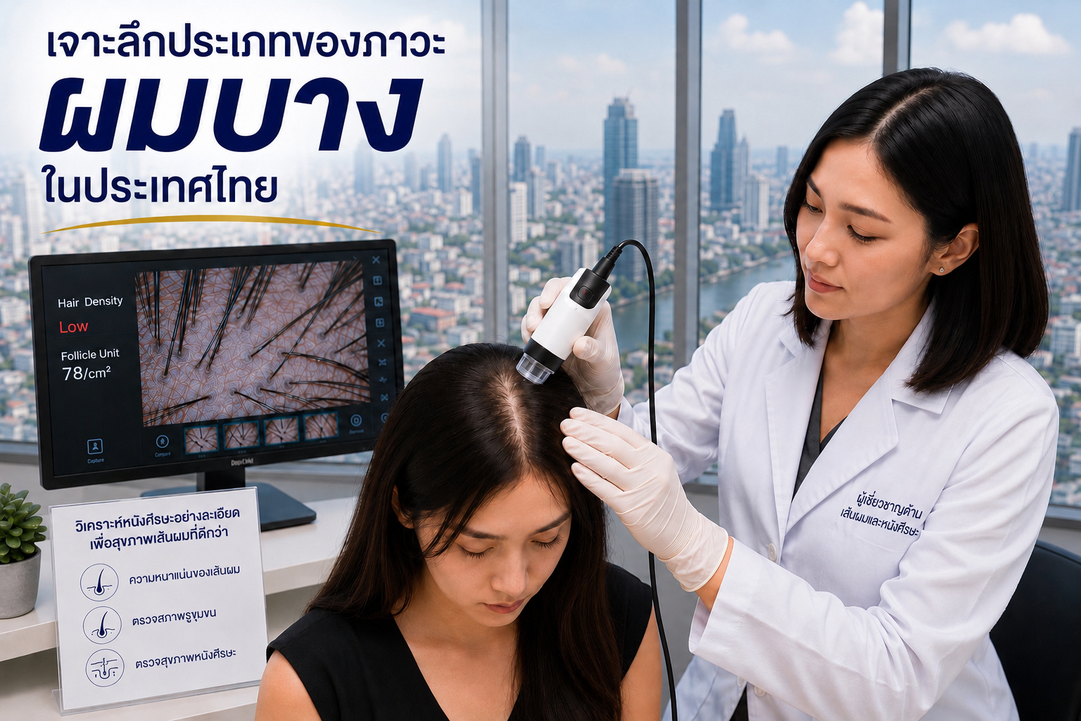 ผู้เชี่ยวชาญด้านเส้นผมและหนังศีรษะในกรุงเทพฯ กำลังประเมินความหนาแน่นของเส้นผมและระยะห่างของรูขุมขนบนหนังศีรษะของหญิงสาวด้วยกล้องจุลทรรศน์ดิจิทัลความละเอียดสูง