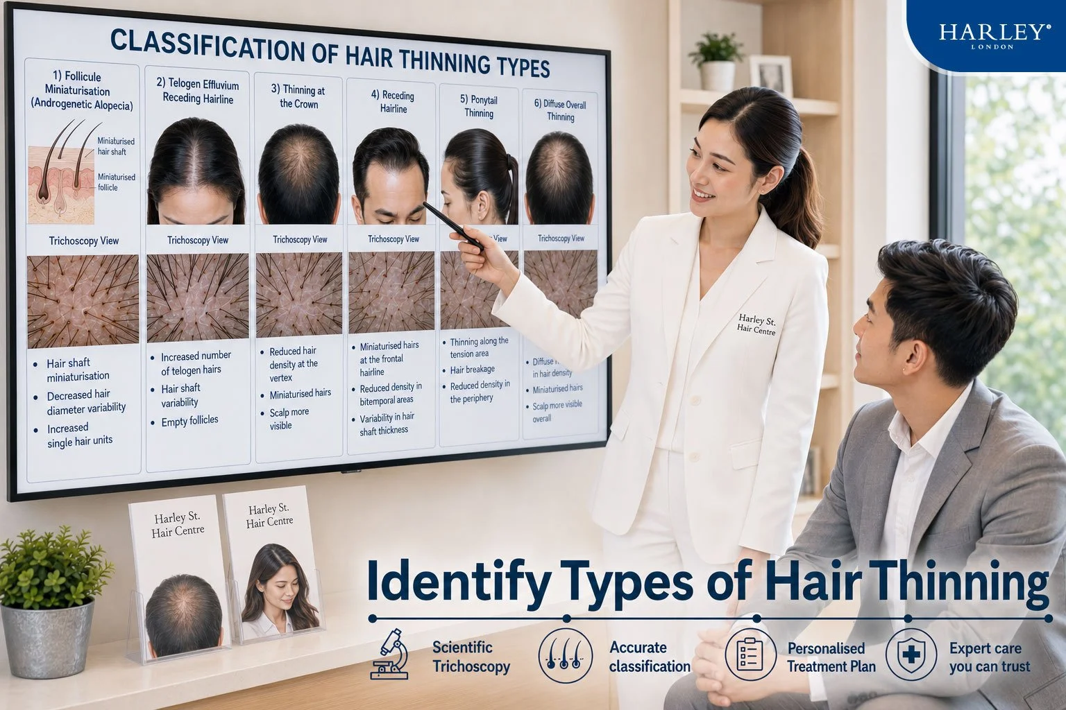 A businessman visits for hair thinning check-up and consultation with hair and scalp specialist regarding his specific hair thinning type. There is a chart demonstrating types of hair thinning that are compared and explained.