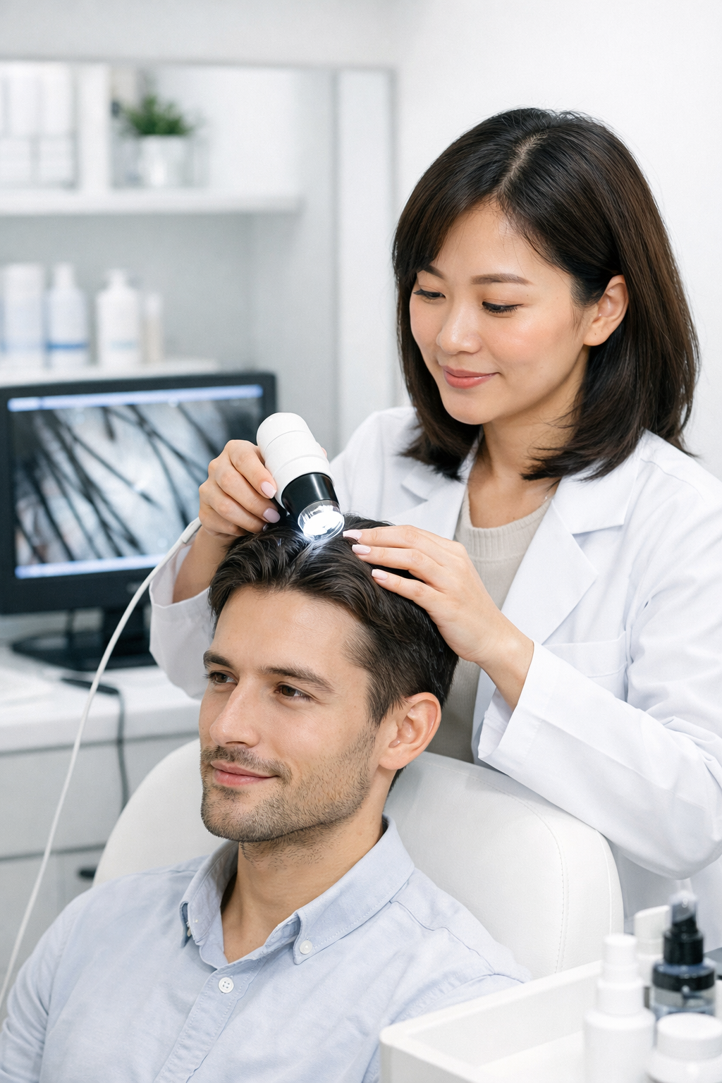 A trichologist is examining a man's scalp using a illuminated instrument in the examination room.