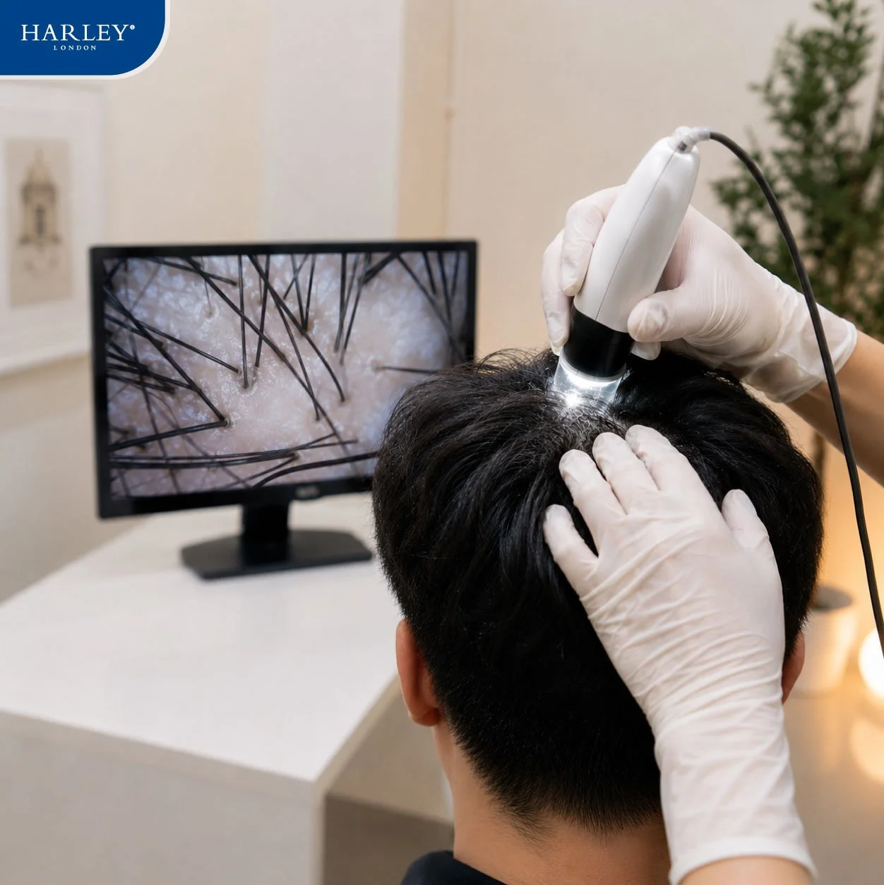 Trichologist（毛发学专家）正在为客户进行 Trichoscopy（毛发与头皮检测），分析毛囊健康、毛发密度、头皮环境及头发稀疏情况，为客户提供专业毛发与头皮护理建议。