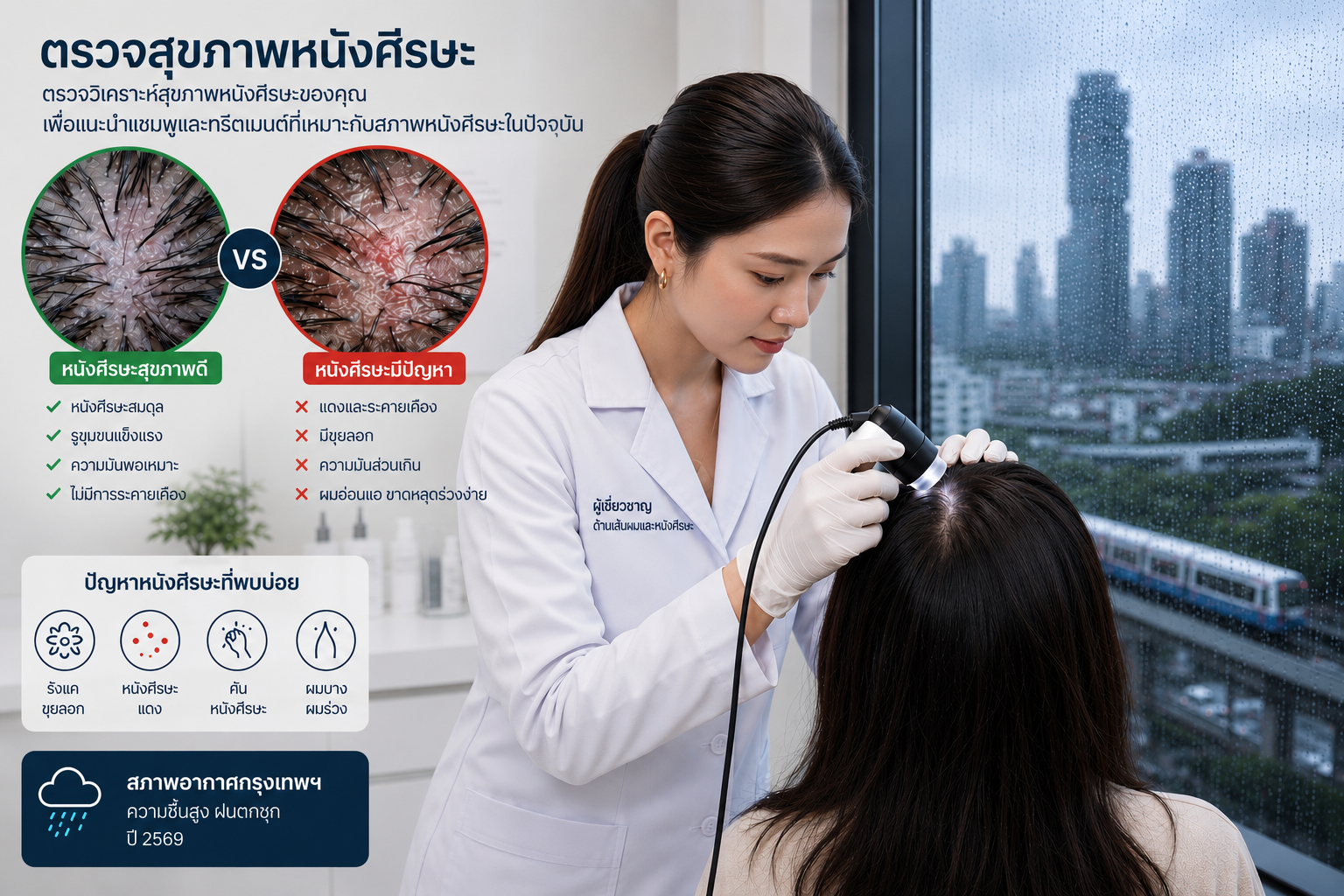 ผู้เชี่ยวชาญด้านเส้นผมและหนังศีรษะกำลังตรวจหนังศีรษะที่อักเสบของผู้หญิงด้วยกล้อง Trichoscope เพื่อเช็คสุขภาพหนังศีรษะในช่วงสภาพอากาศฝนตกและร้อนชื้น