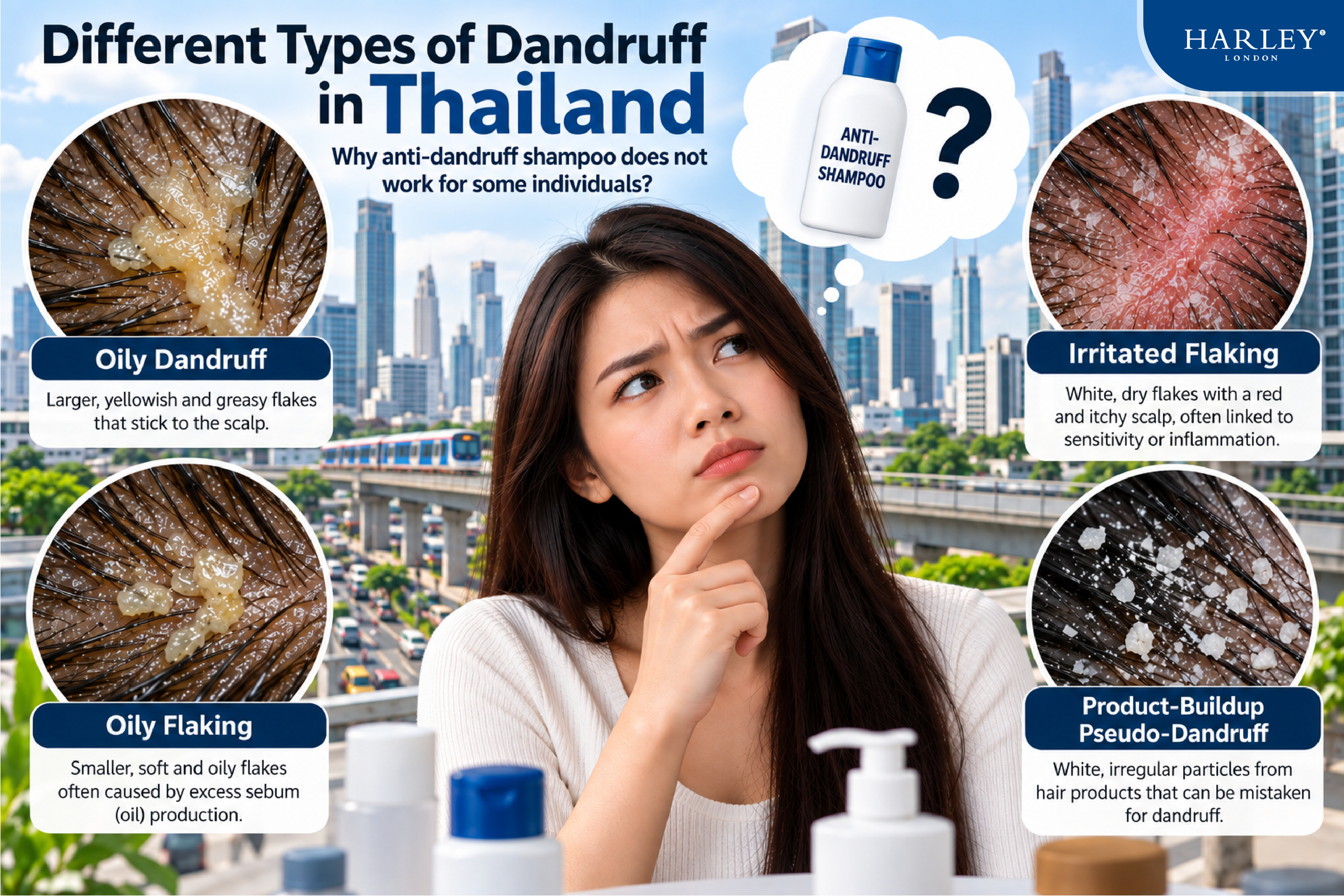 Bangkok office lady pondering about dandruff types and the use of anti-dandruff shampoos for scalp.
