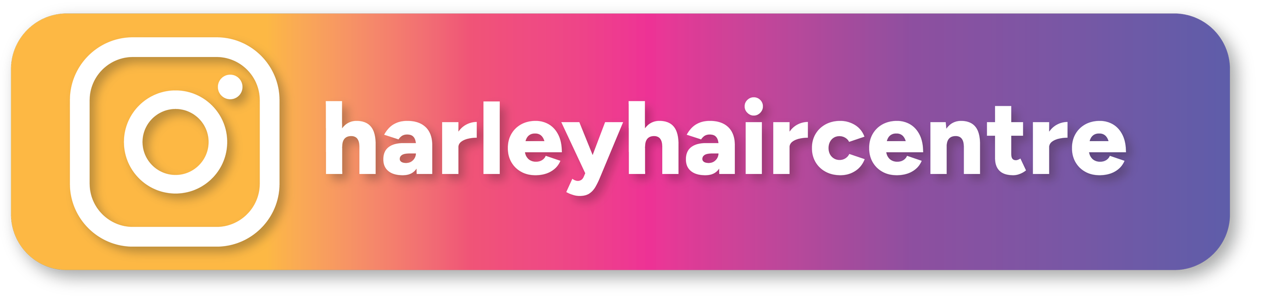A multicolored Instagram button with the Instagram logo and the text "harleyhaircente" in white letters.
