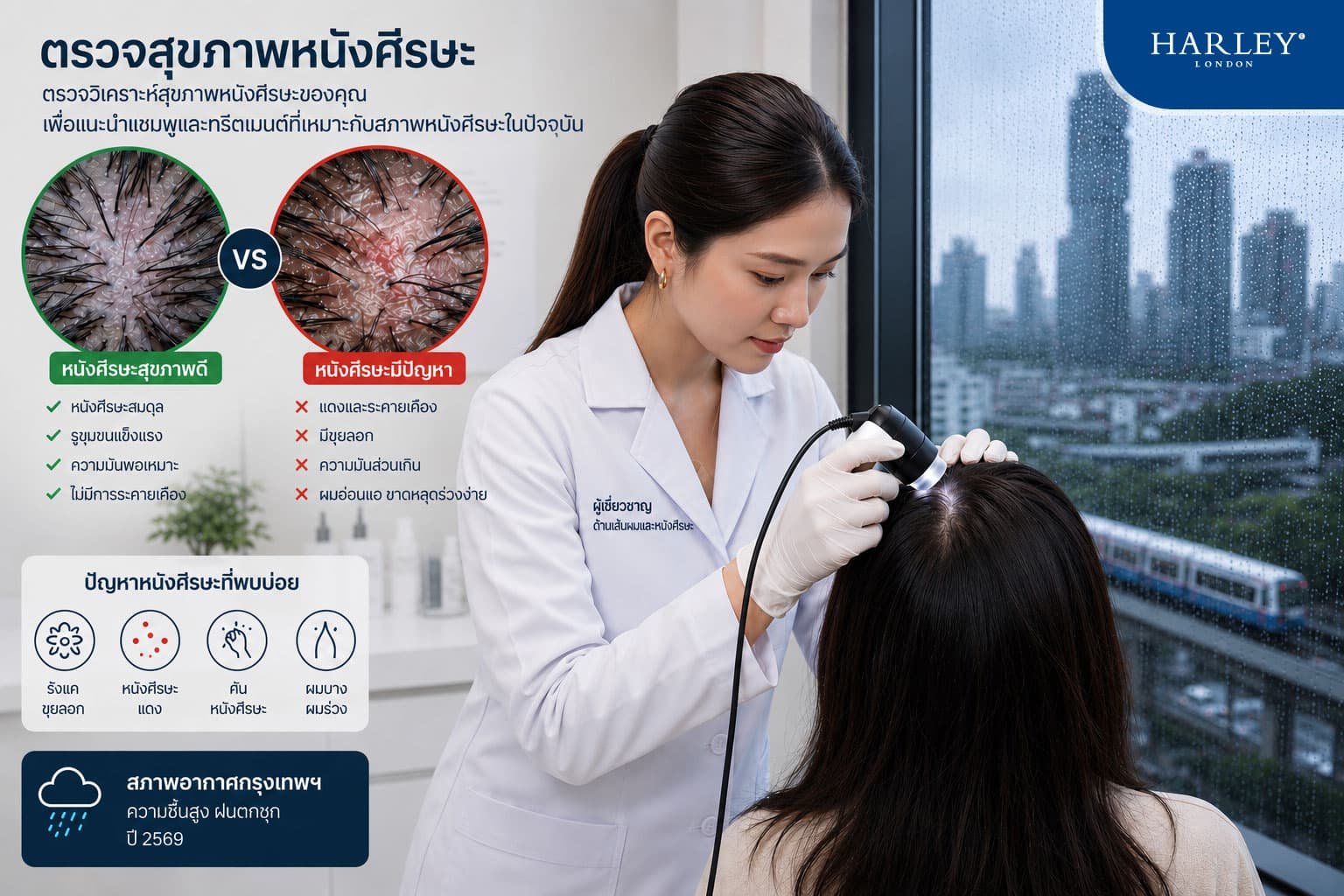 ผู้เชี่ยวชาญด้านเส้นผมและหนังศีรษะกำลังตรวจหนังศีรษะที่อักเสบของผู้หญิงด้วยกล้อง Trichoscope เพื่อเช็คสุขภาพหนังศีรษะในช่วงสภาพอากาศฝนตกและร้อนชื้น