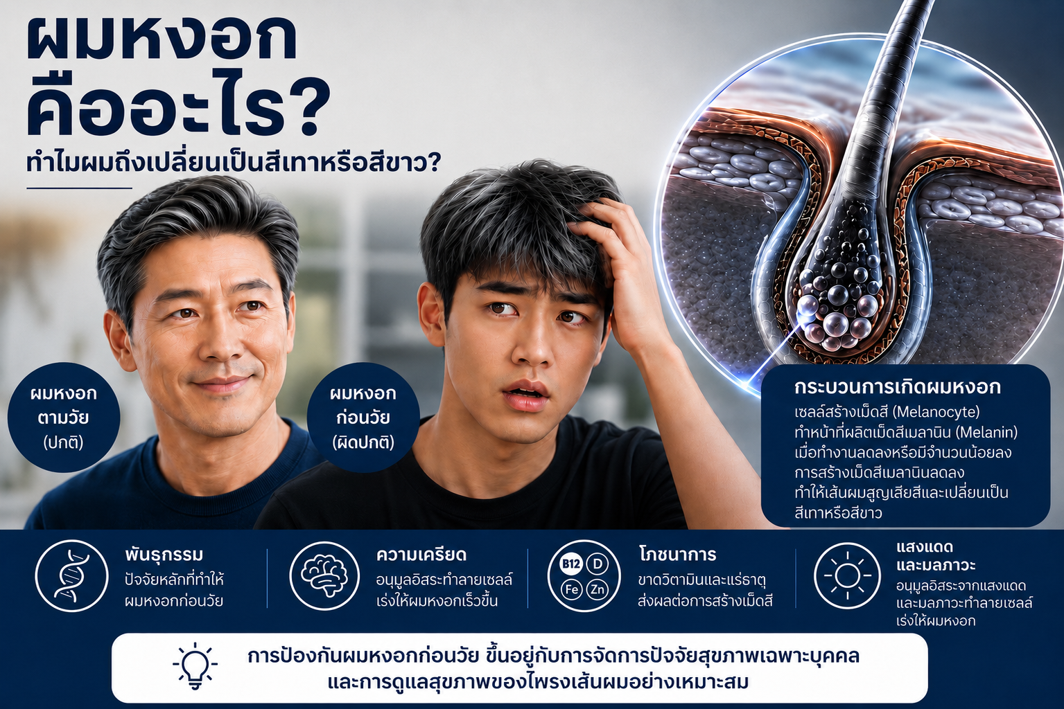 เปรียบเทียบผู้ชายวัยกลางคนที่มีผมหงอกตามวัยแตกต่างจากผู้ชายวัยรุ่นที่มีผมหงอกก่อนวัยอย่างไร อะไรคือปัจจัยที่ทำให้เกิดผมหงอก