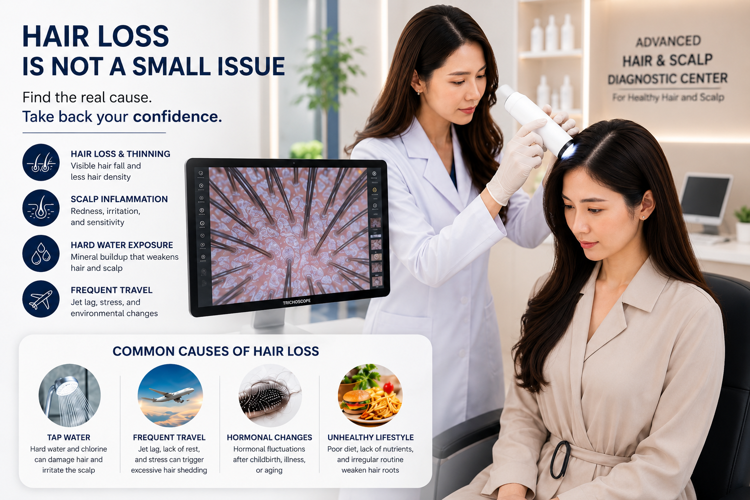 A Trichologist utilising a digital trichoscope to examine cause of hair loss linked to scalp inflammation and follicle blockage caused by hard water.