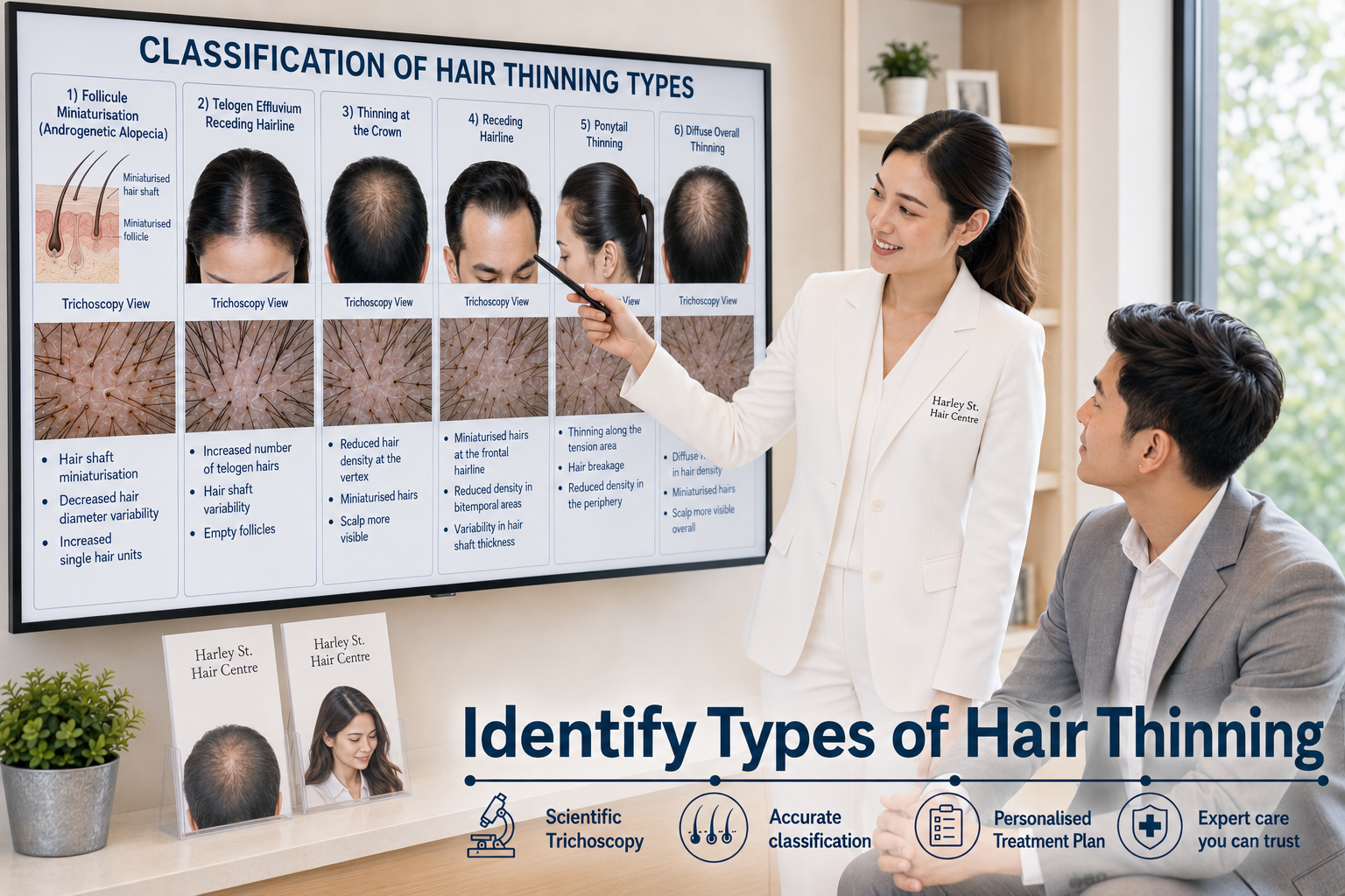 A businessman visits for hair thinning check-up and consultation with hair and scalp specialist regarding his specific hair thinning type. There is a chart demonstrating types of hair thinning that are compared and explained.