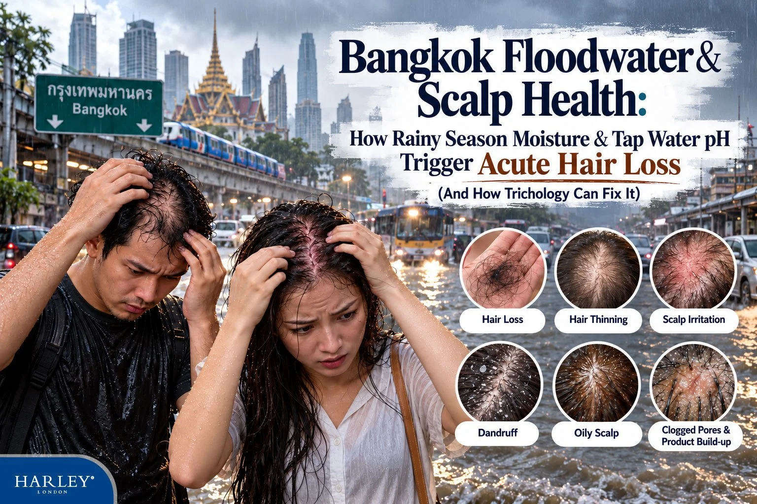 A man and a woman are experiencing scalp inflammation and hair thinning after coming into contact with floodwaters during the rainy season in Bangkok.