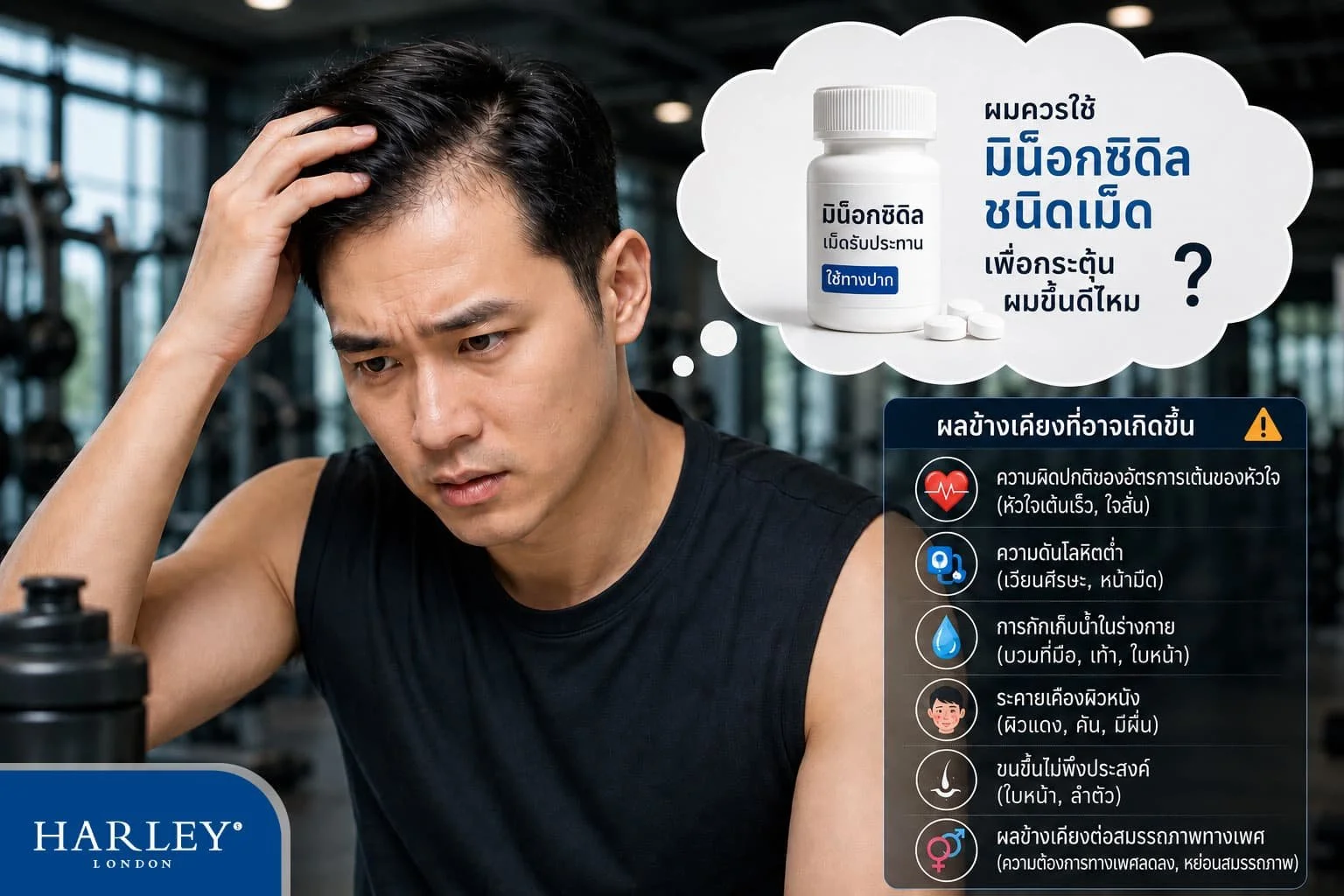 ผู้ชายออกกำลังกายกำลังคิดเรื่องยาปลูกผม Oral Minoxidil ว่าควรกินดีไหมและจะมีผลข้างเคียงอะไรไหมที่ทำให้ผมร่วง ผมบาง สุขภาพแย่ลง