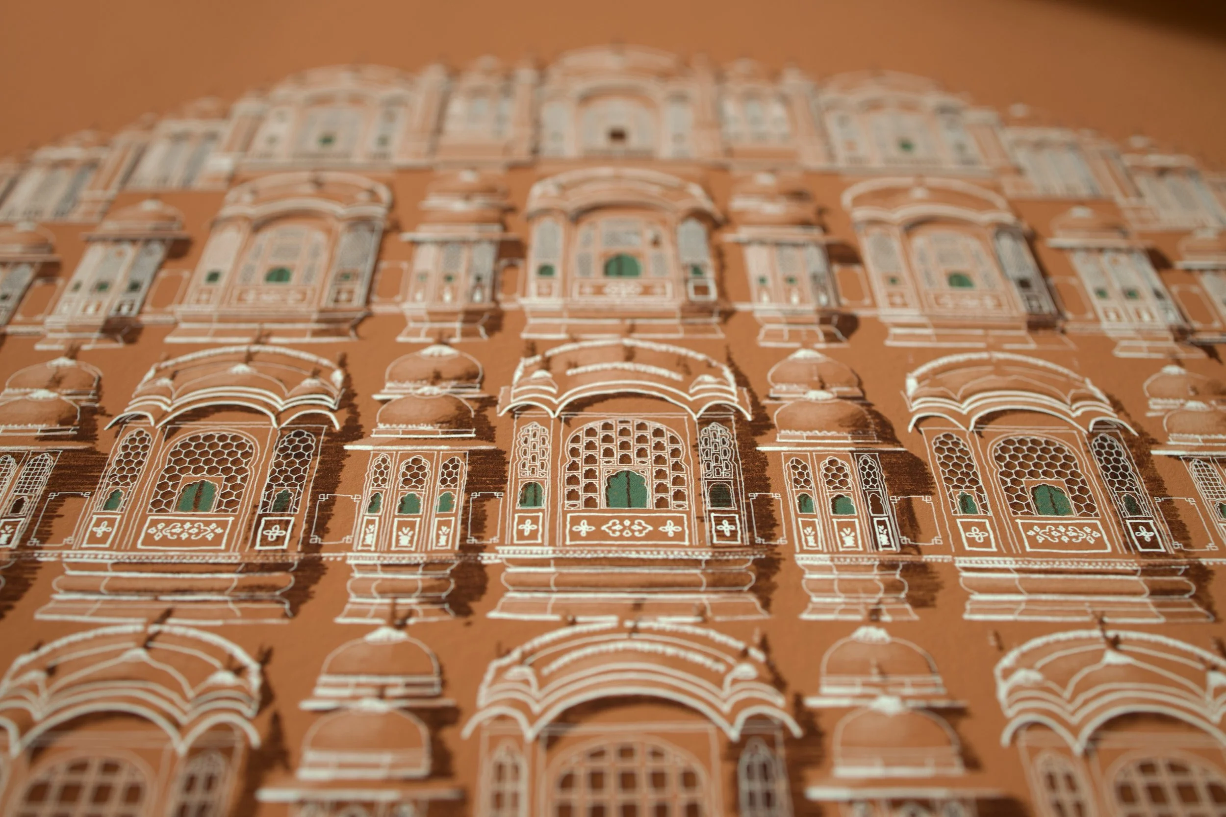 Close up detail of pink facade illustration hand drawing Hawa Mahal Palace of Winds Jaipur art print