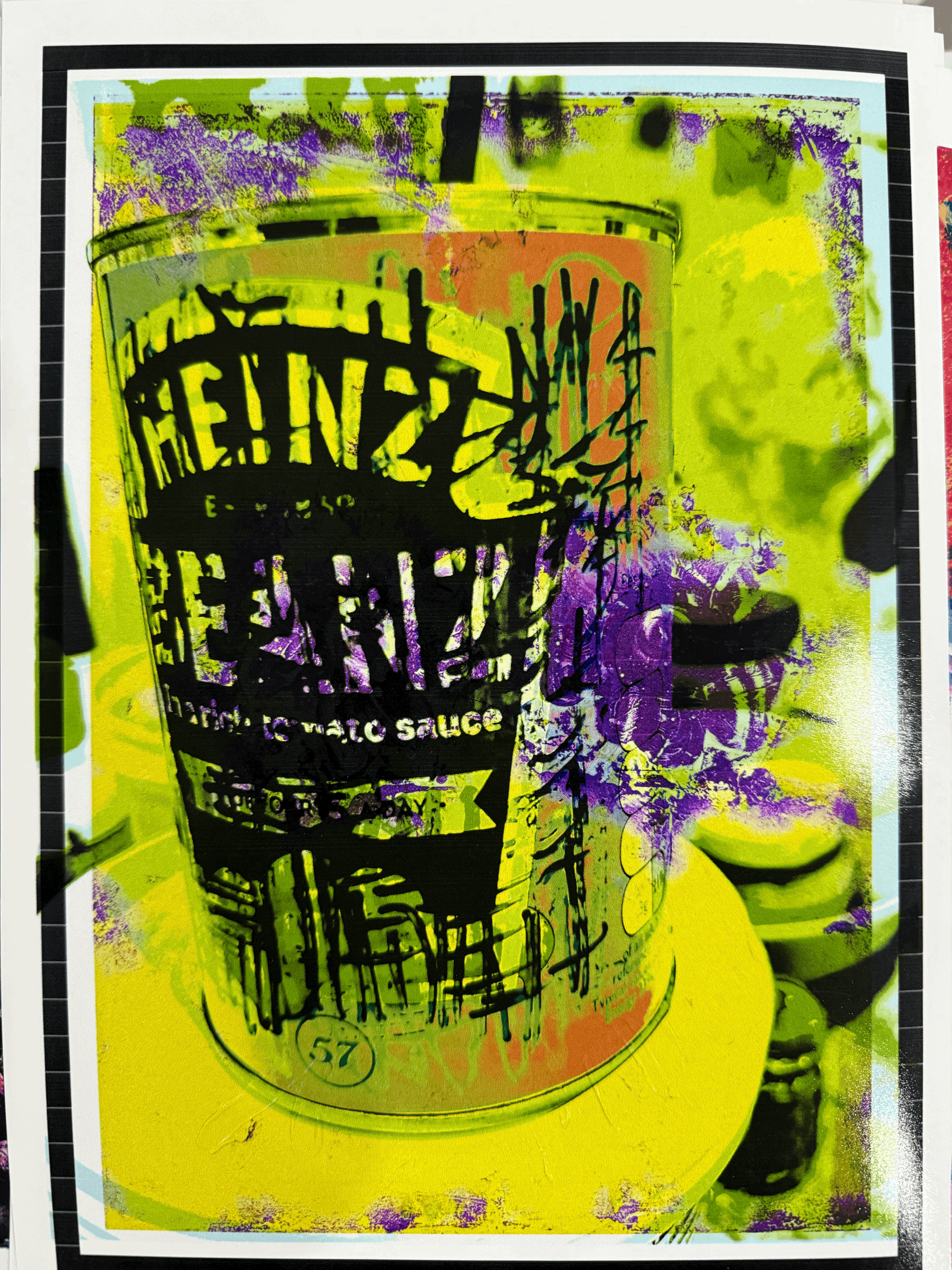 Contemporary pop art abstract print of a Heinz tin in neon green, black and purple with layered textures and graffiti-style mark making.