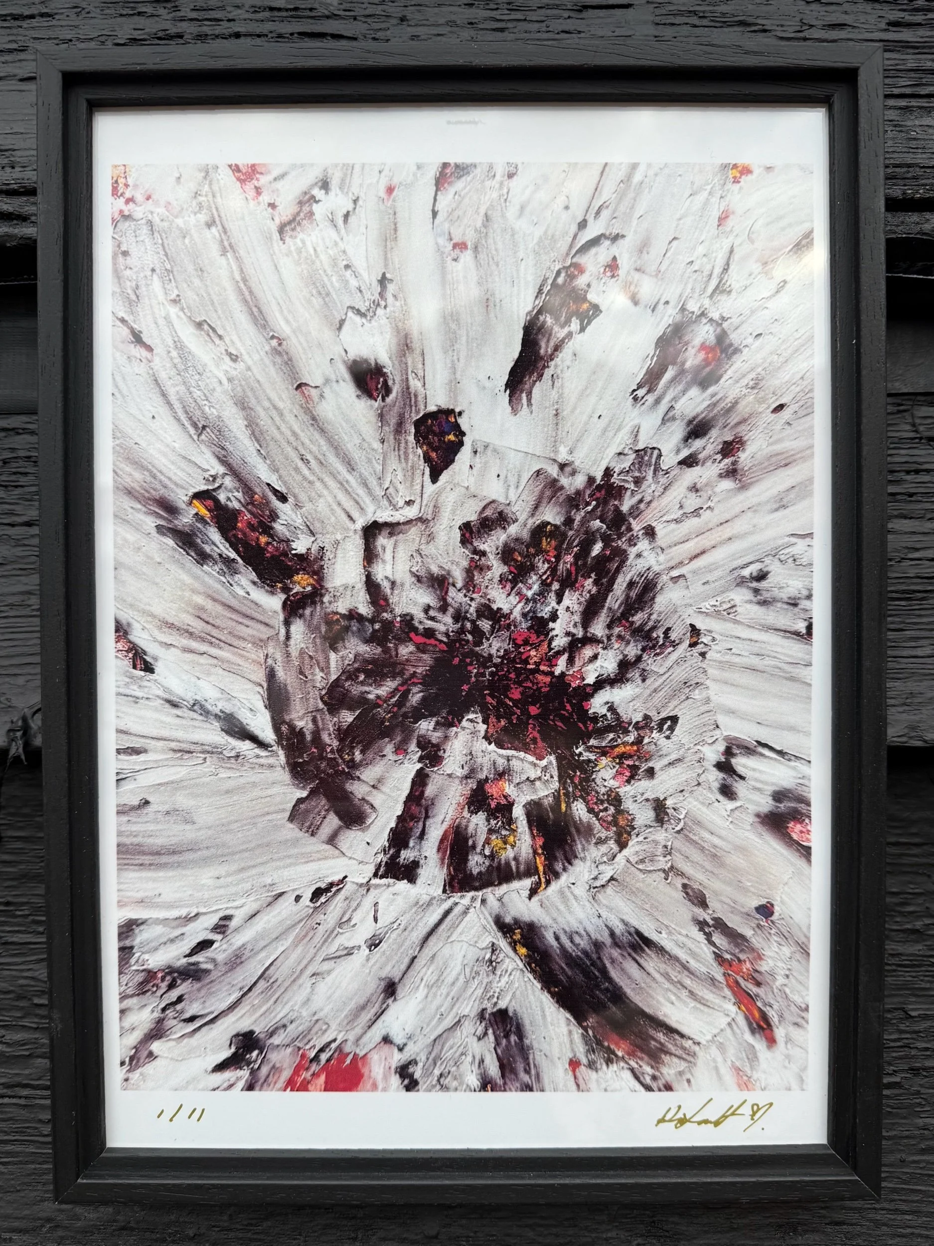 Textured abstract flower artwork in white, grey and red by UK artist Kelly-Anne Scott — limited edition print.