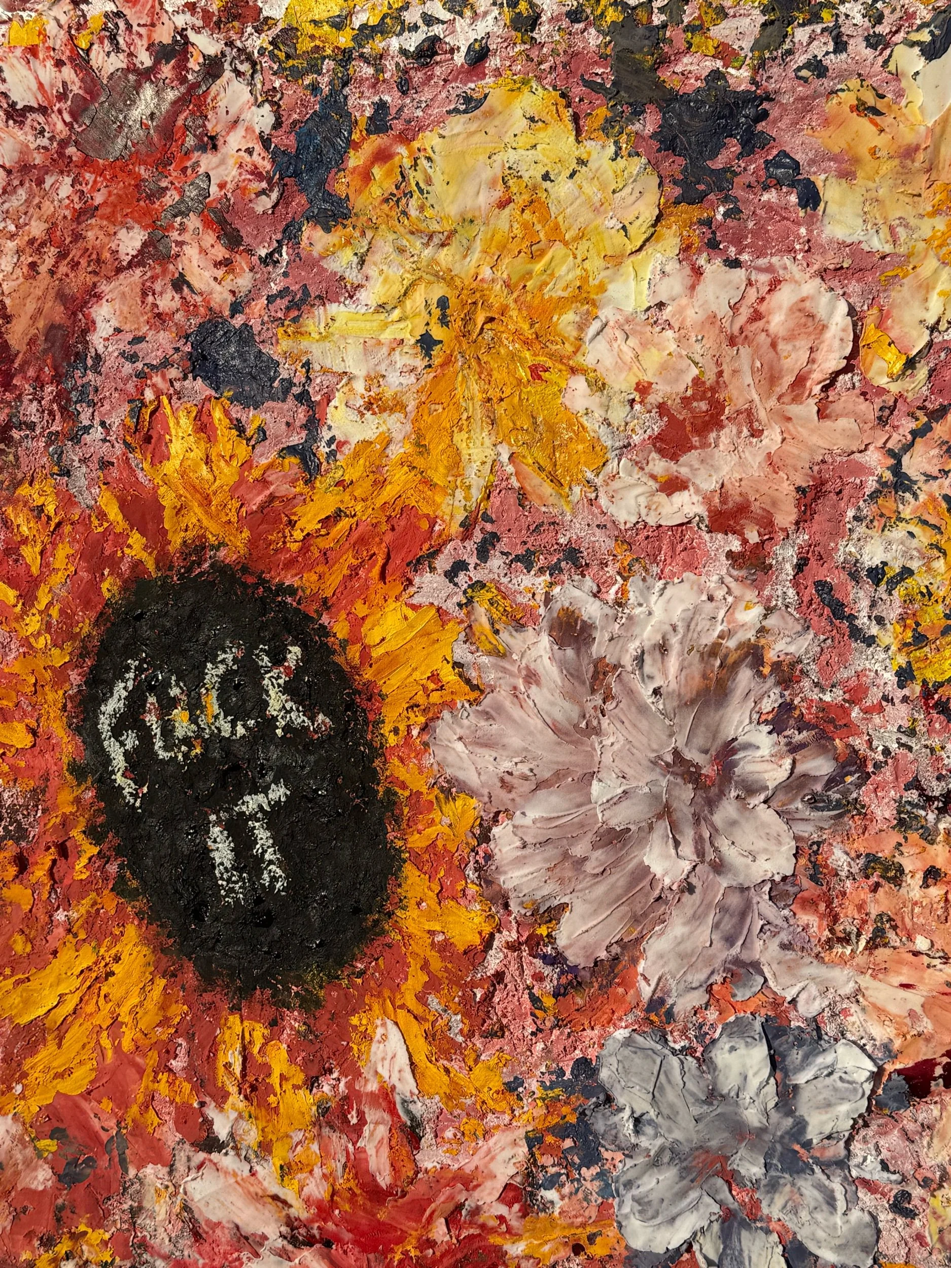 Textured mixed-media artwork titled “Fuck It Flowers” by Kelly-Anne Scott, featuring layered ceramic textures and acrylic painted flowers in warm pink, yellow and earthy tones.