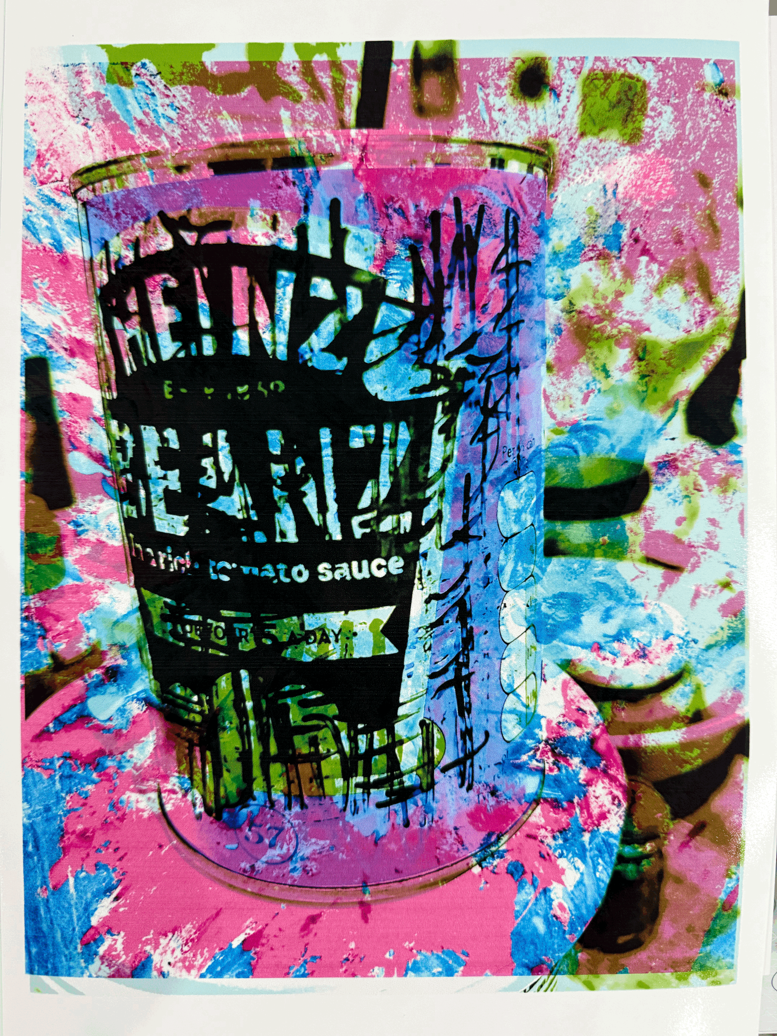 Contemporary pop art abstract print of a Heinz tin in pink, blue, green and black with layered paint textures and expressive mark-making.