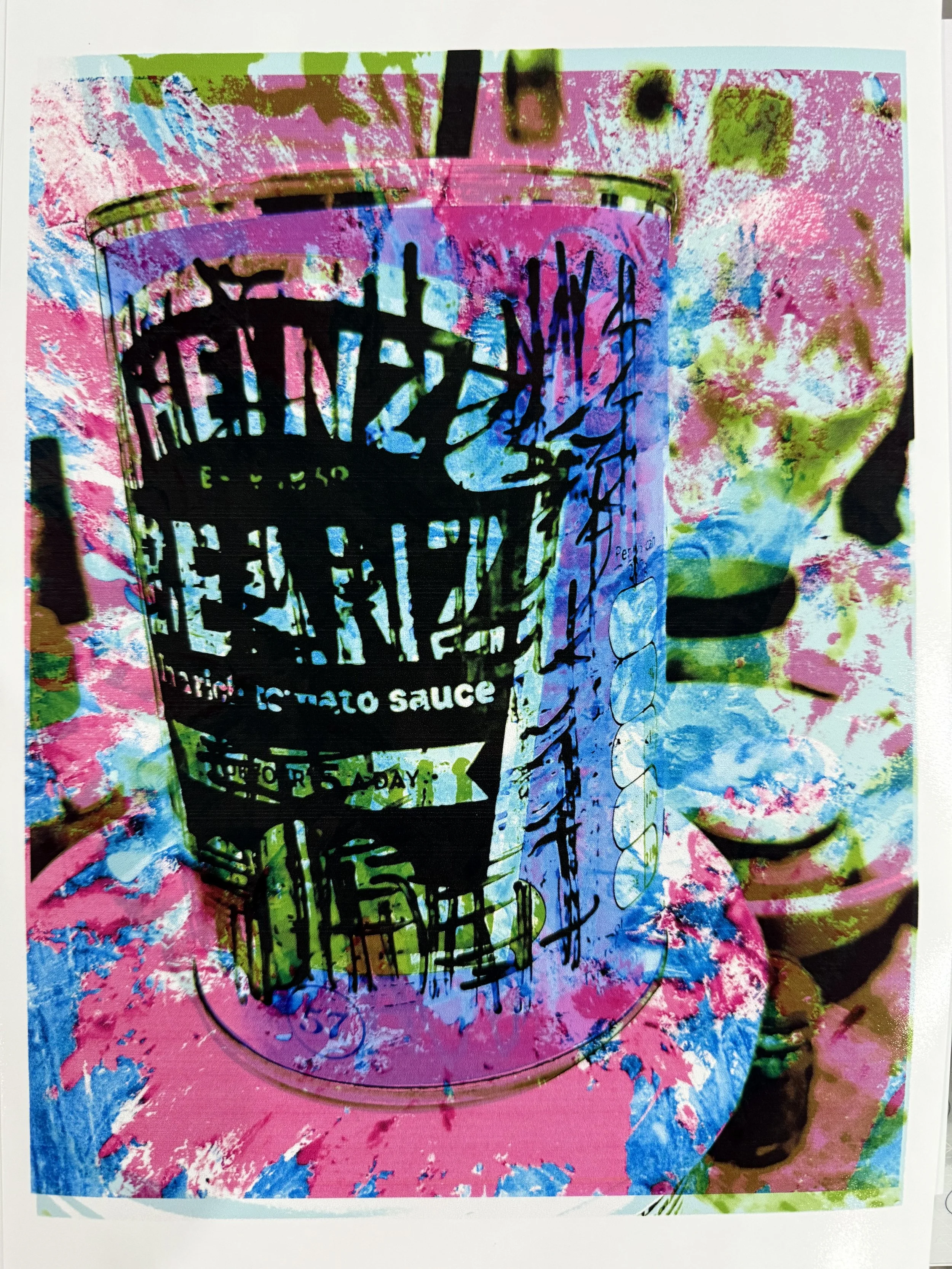 A colorful, abstract art piece featuring a person with lips visible, holding a can of Pringles potato chips with a cartoonish design.