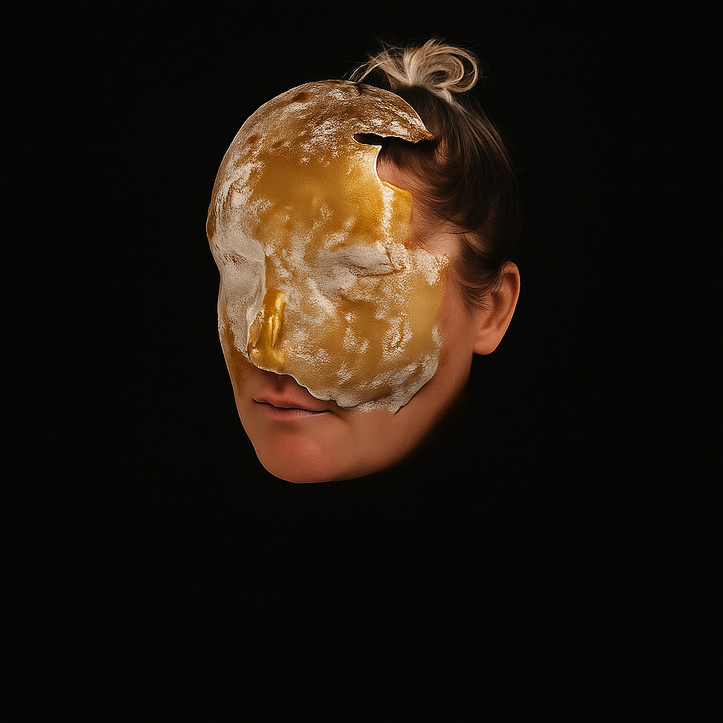 A person with blonde hair in a bun and light skin, with a partially eaten golden-colored moon mask covering half of their face, set against a black background.