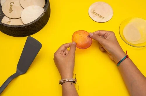Hands holding an apple surrounded by tomato and various circular labels on a yellow surface.